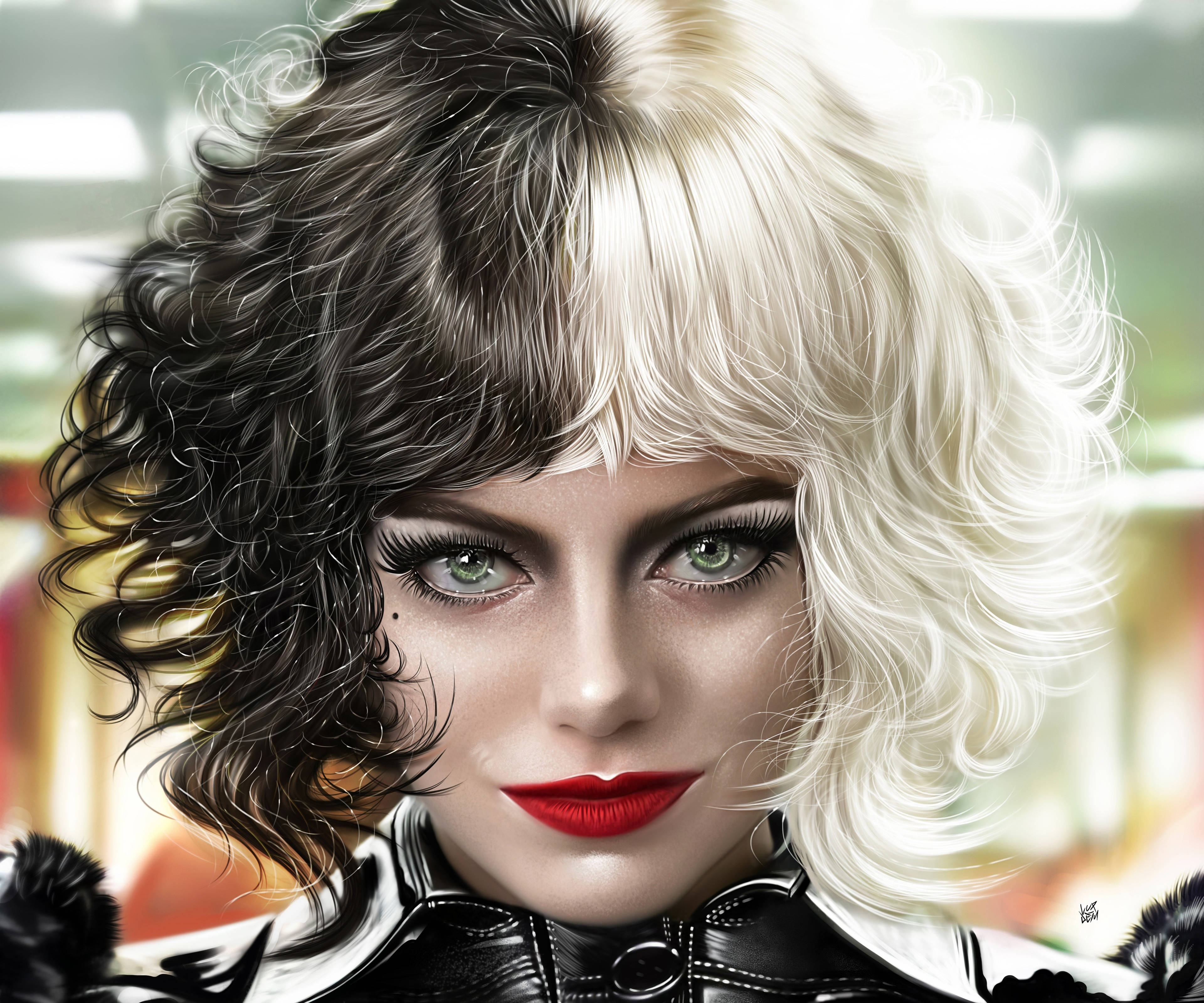 Cruella 2021, two-toned hair, black leather outfit, 4K Desktop Wallpaper