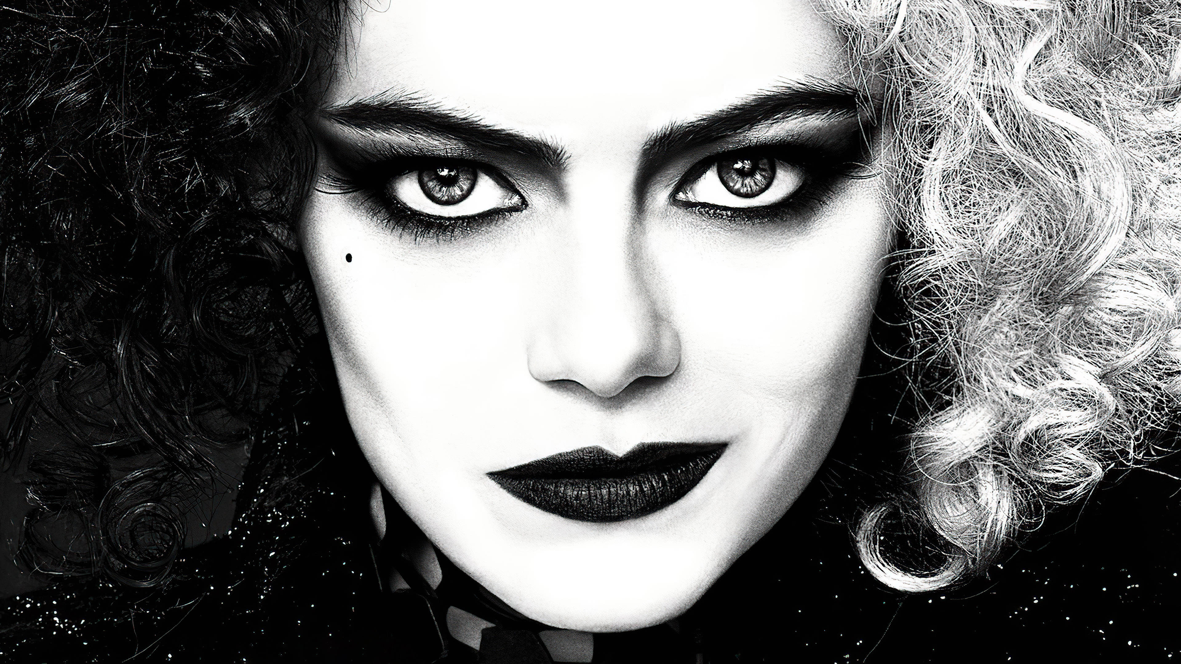 Cruella 2021, black and white, dramatic makeup, 4K Desktop Wallpaper