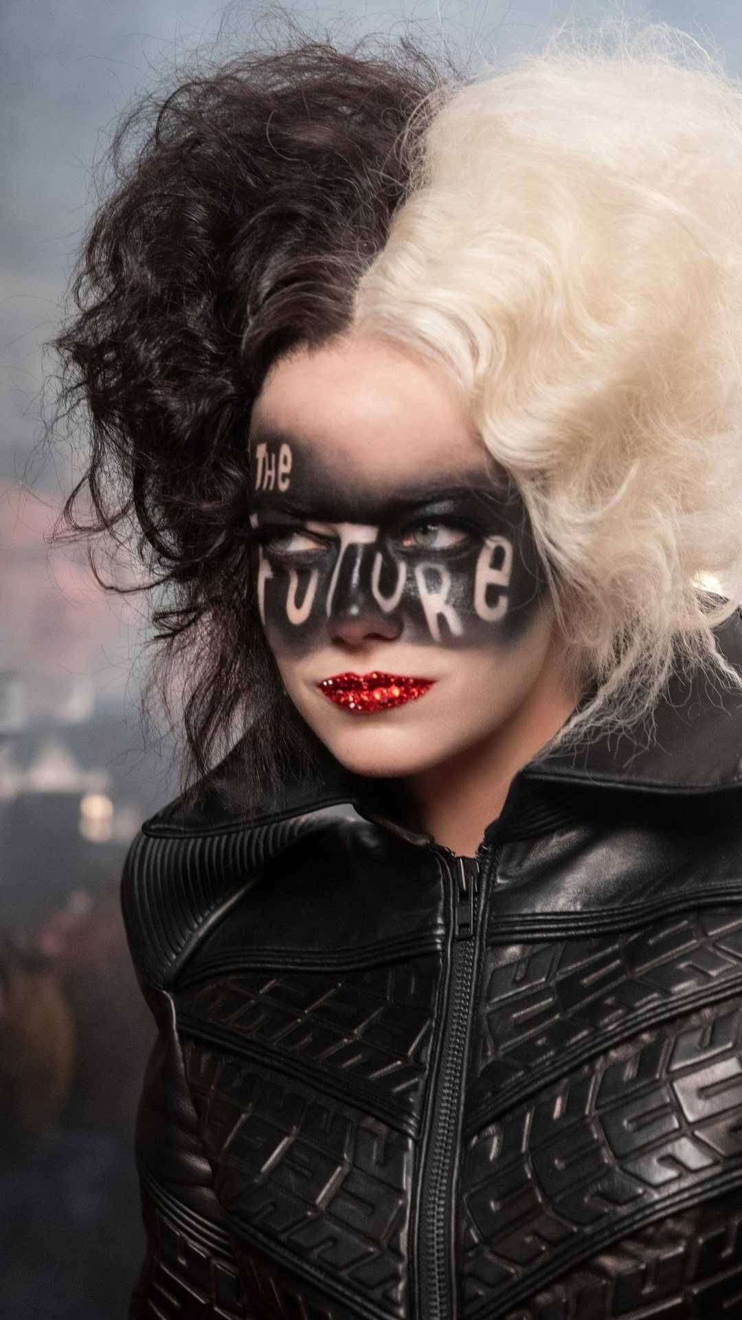 Cruella 2021, red glittery lips, half black and half white hair, Full HD Phone Wallpaper