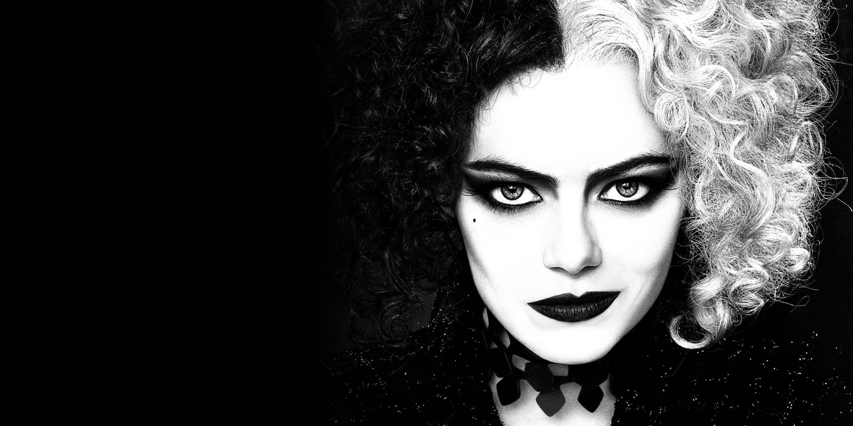 Cruella 2021, black and white portrait, half black and half white curly hair, 2K Desktop Wallpaper