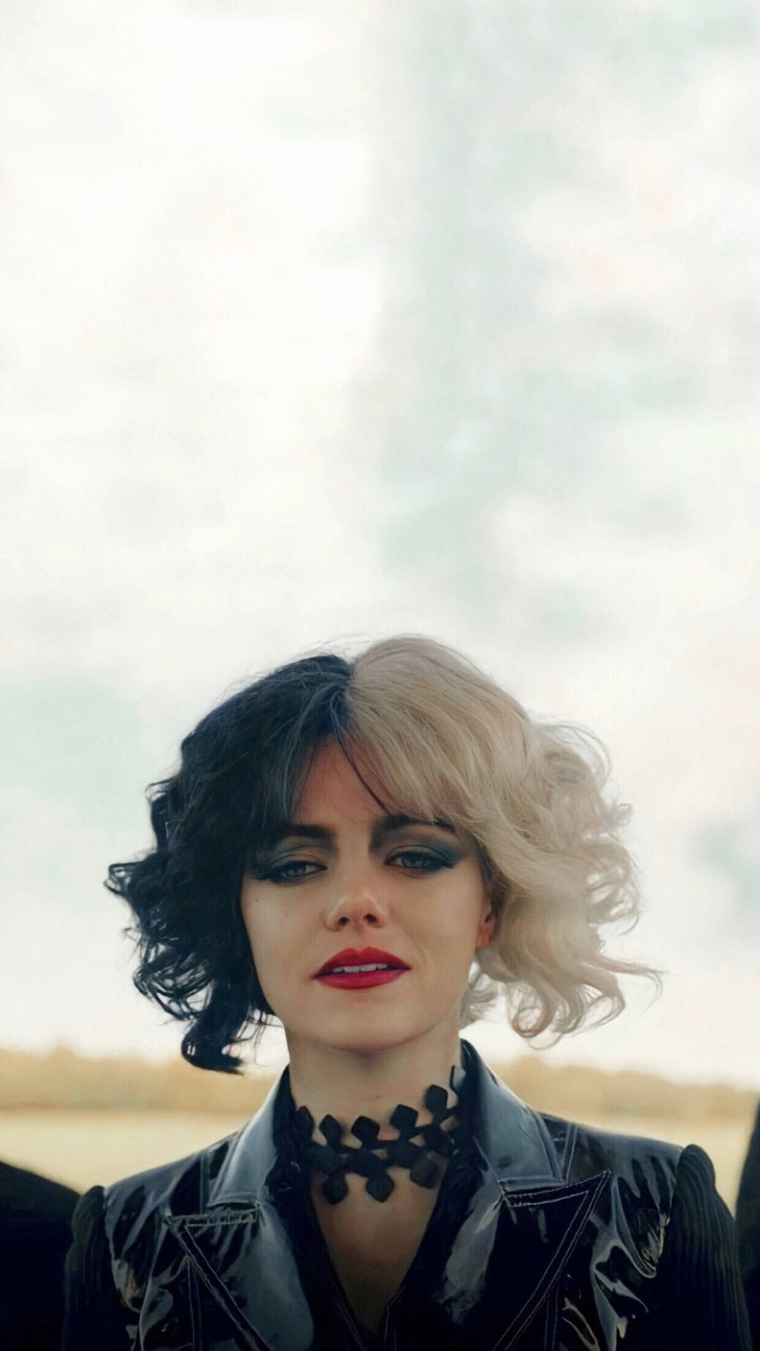 Cruella 2021, half-black half-blond hair, bold red lips, Full HD Phone Wallpaper