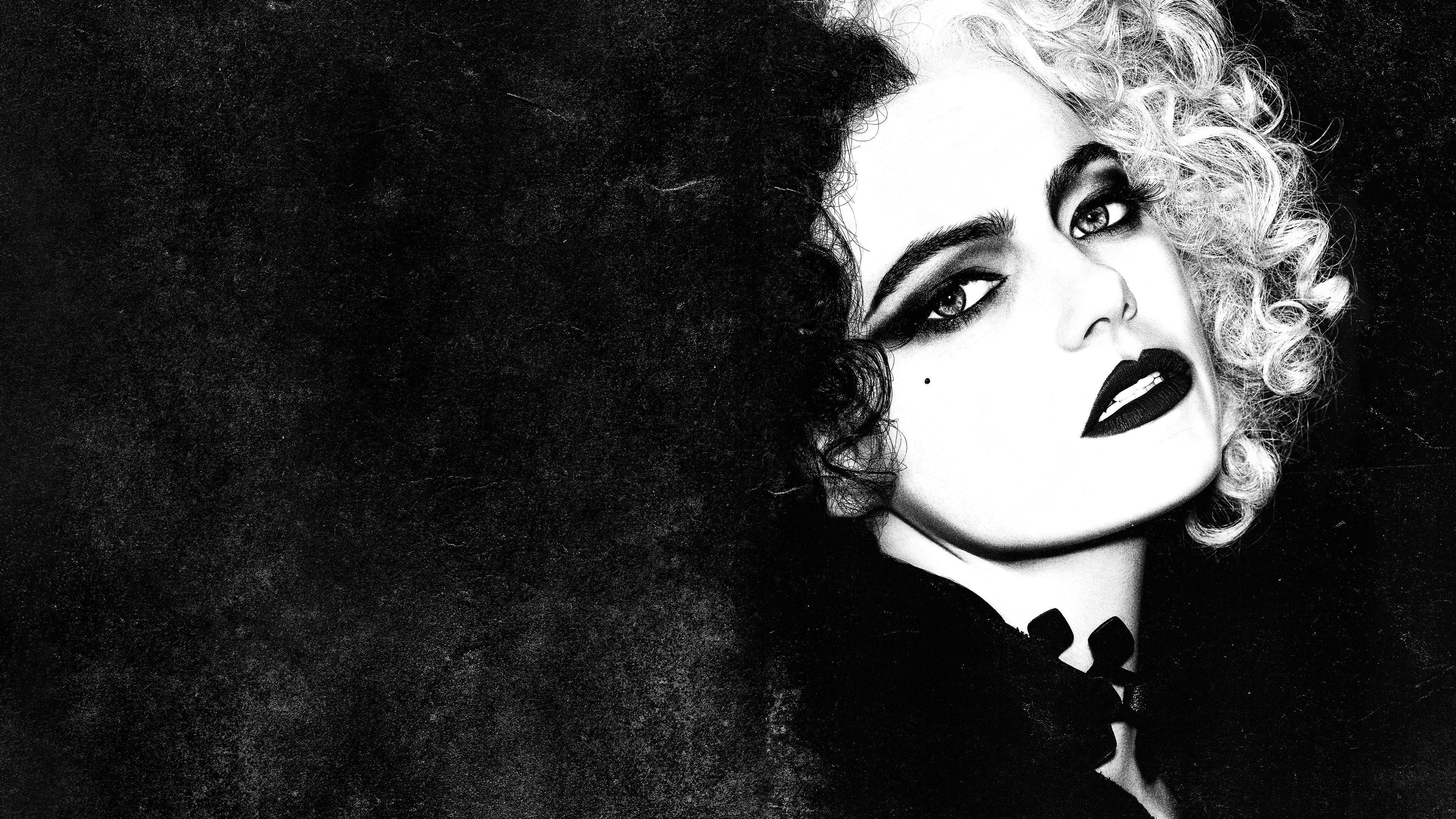 Cruella 2021, black and white, dramatic makeup, 4K Desktop Wallpaper