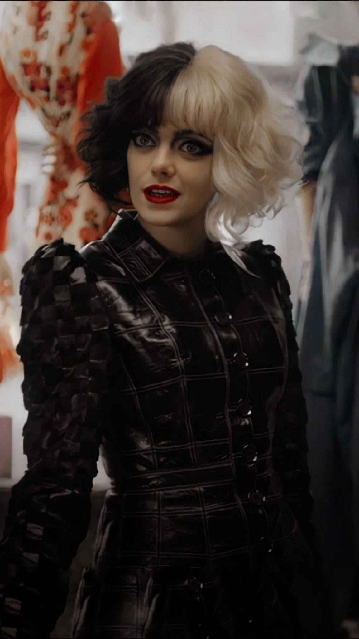 Cruella 2021, black leather dress, half black half blonde hair, Full HD Phone Wallpaper