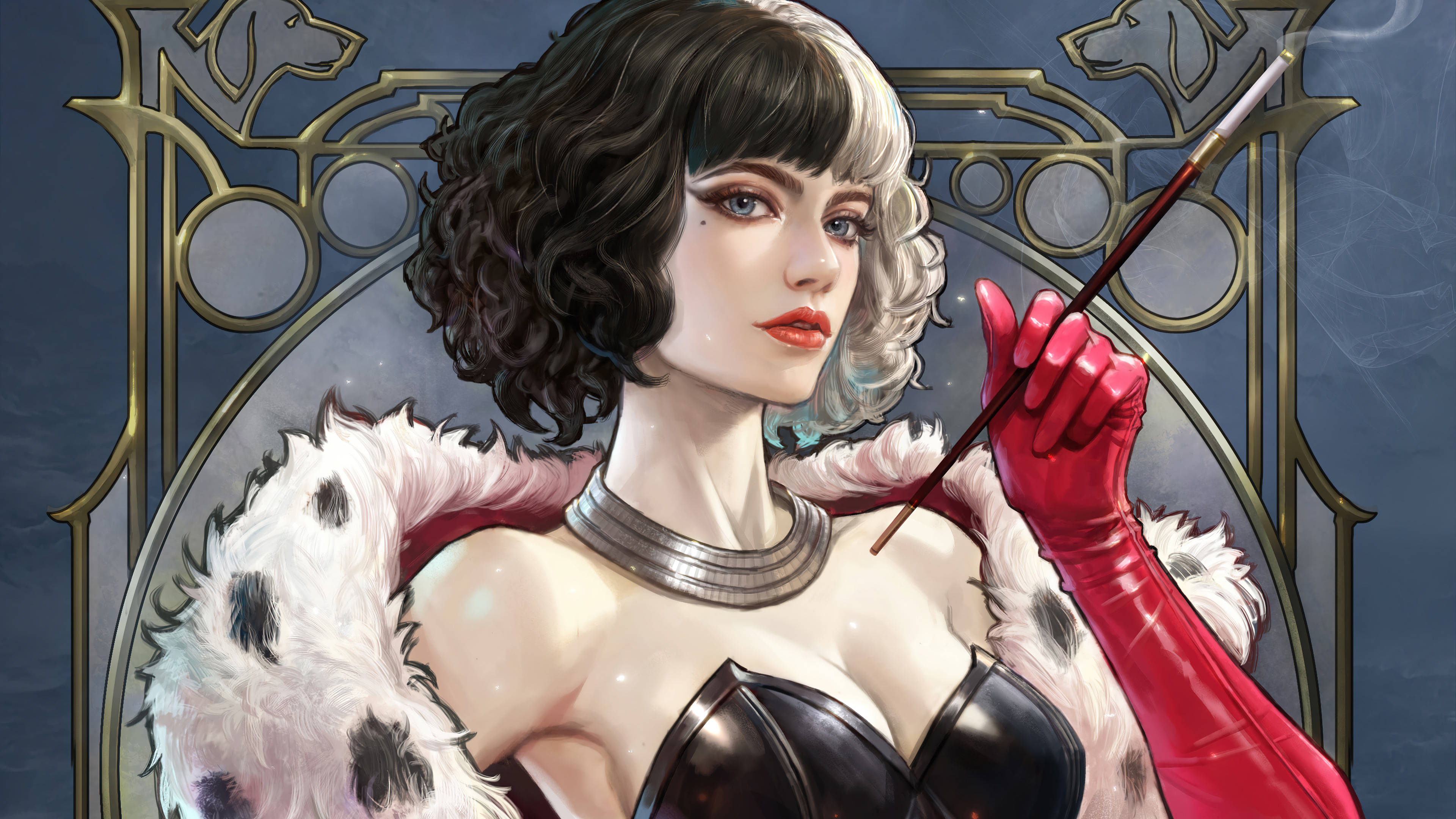 Cruella 2021, spotted fur coat, red gloves, 4K Desktop Wallpaper