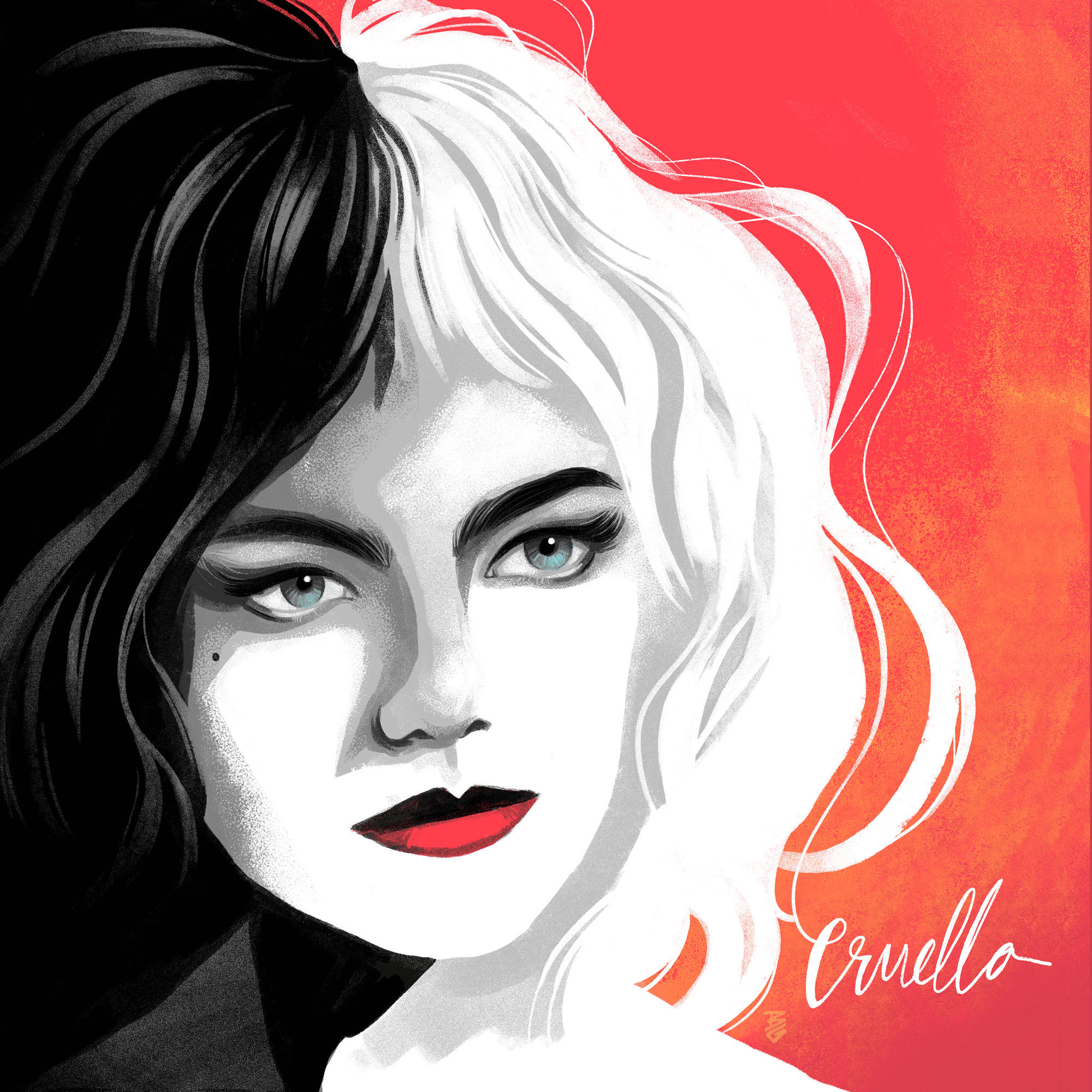 Cruella, digital painting, half black and half white hair, Full HD Desktop Wallpaper