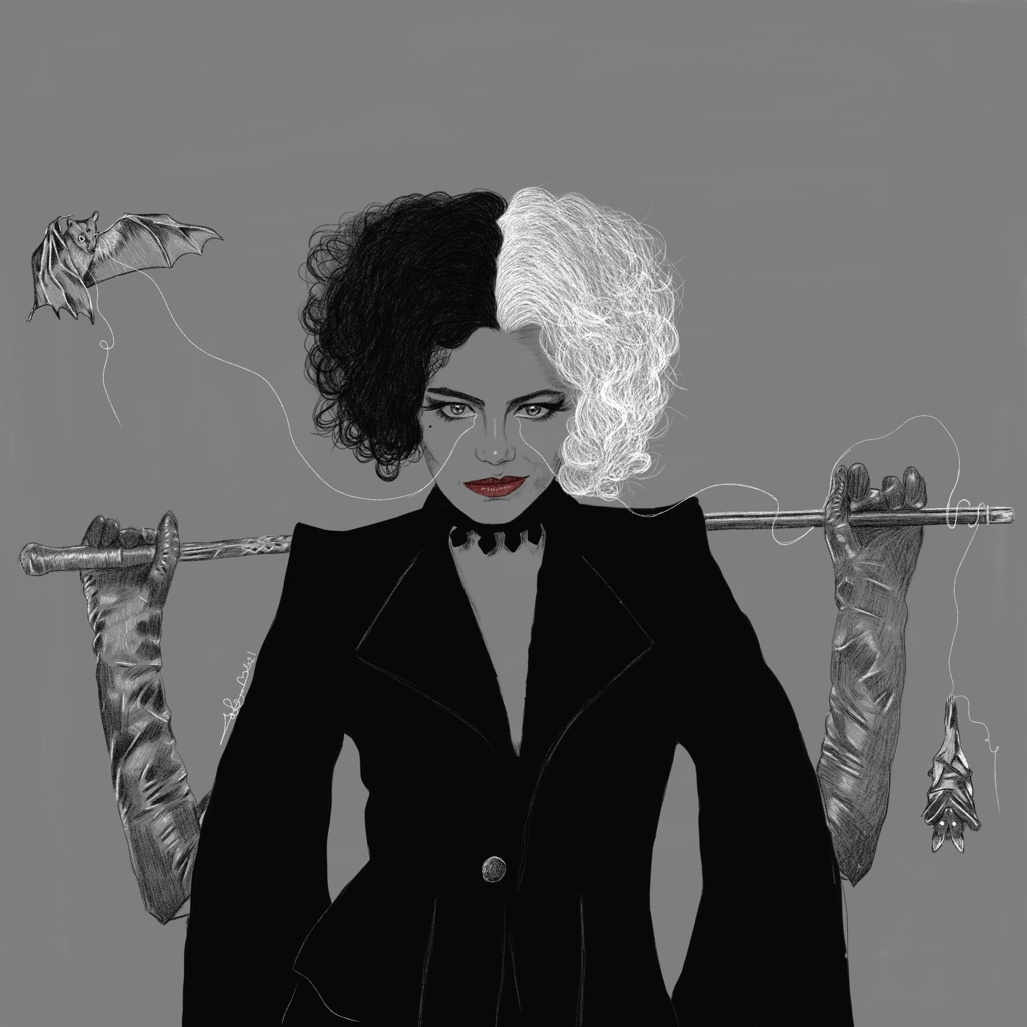 Cruella, half black and half white hair, cane, Full HD Desktop Wallpaper