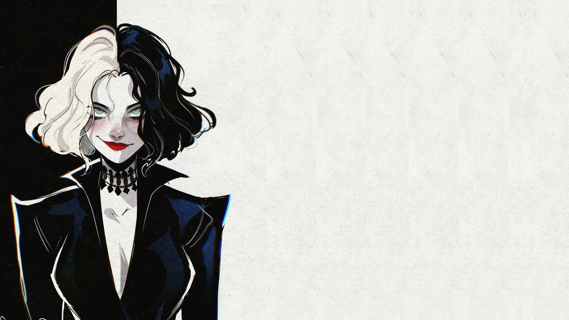 Cruella, cartoon artwork, half white and half black hair, Full HD Desktop Wallpaper