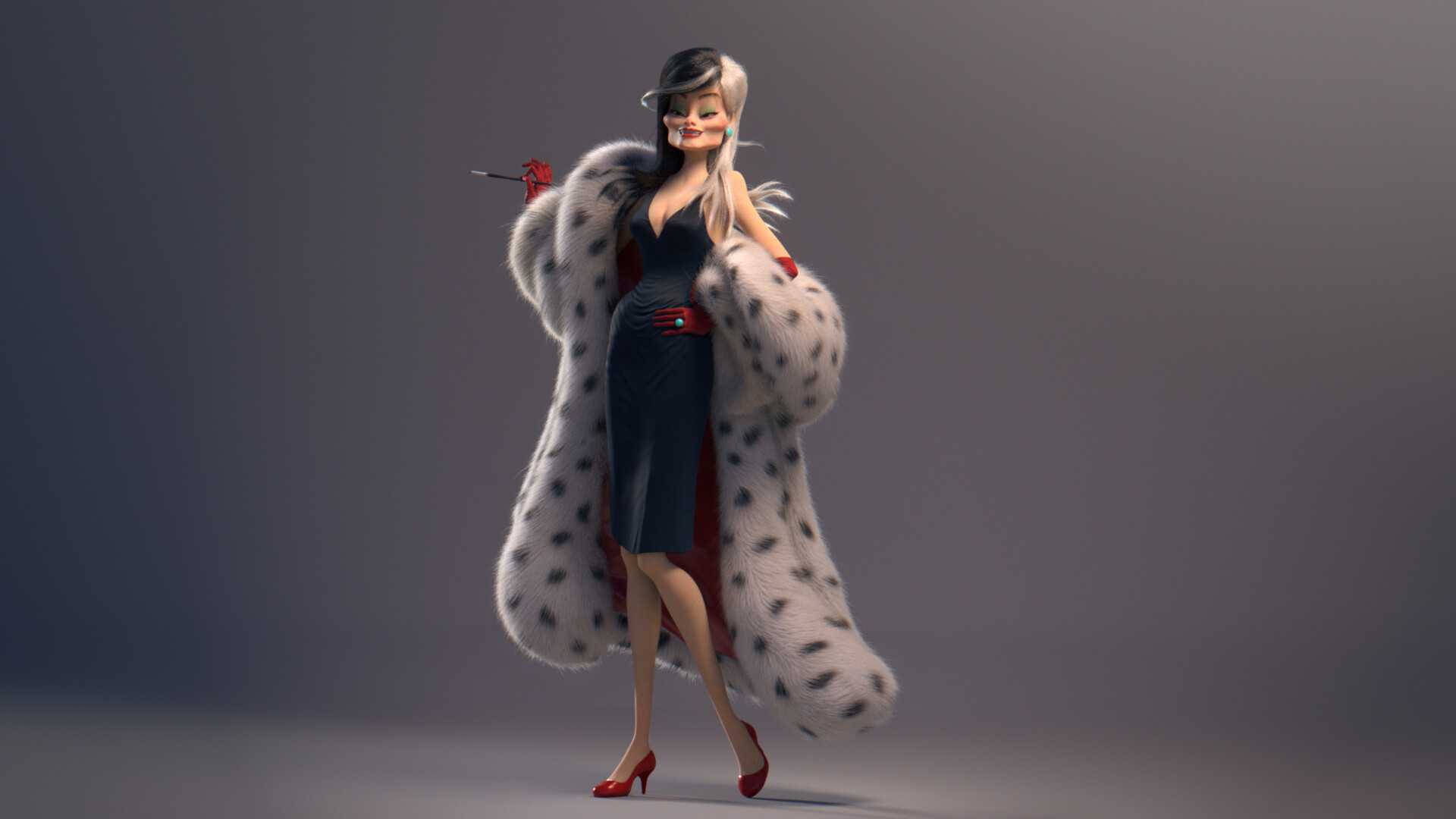 Cruella, spotted fur coat, red heels, Full HD Desktop Wallpaper