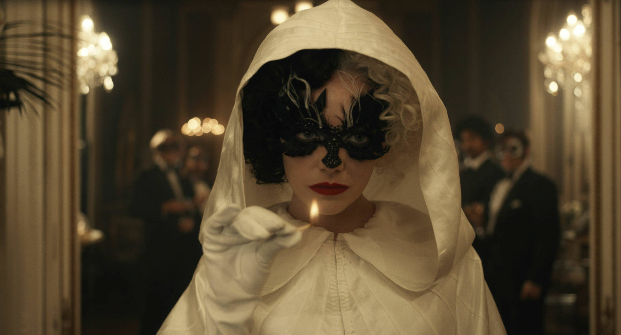 Cruella 2021, white hooded gown, black feathered mask, Full HD Desktop Wallpaper