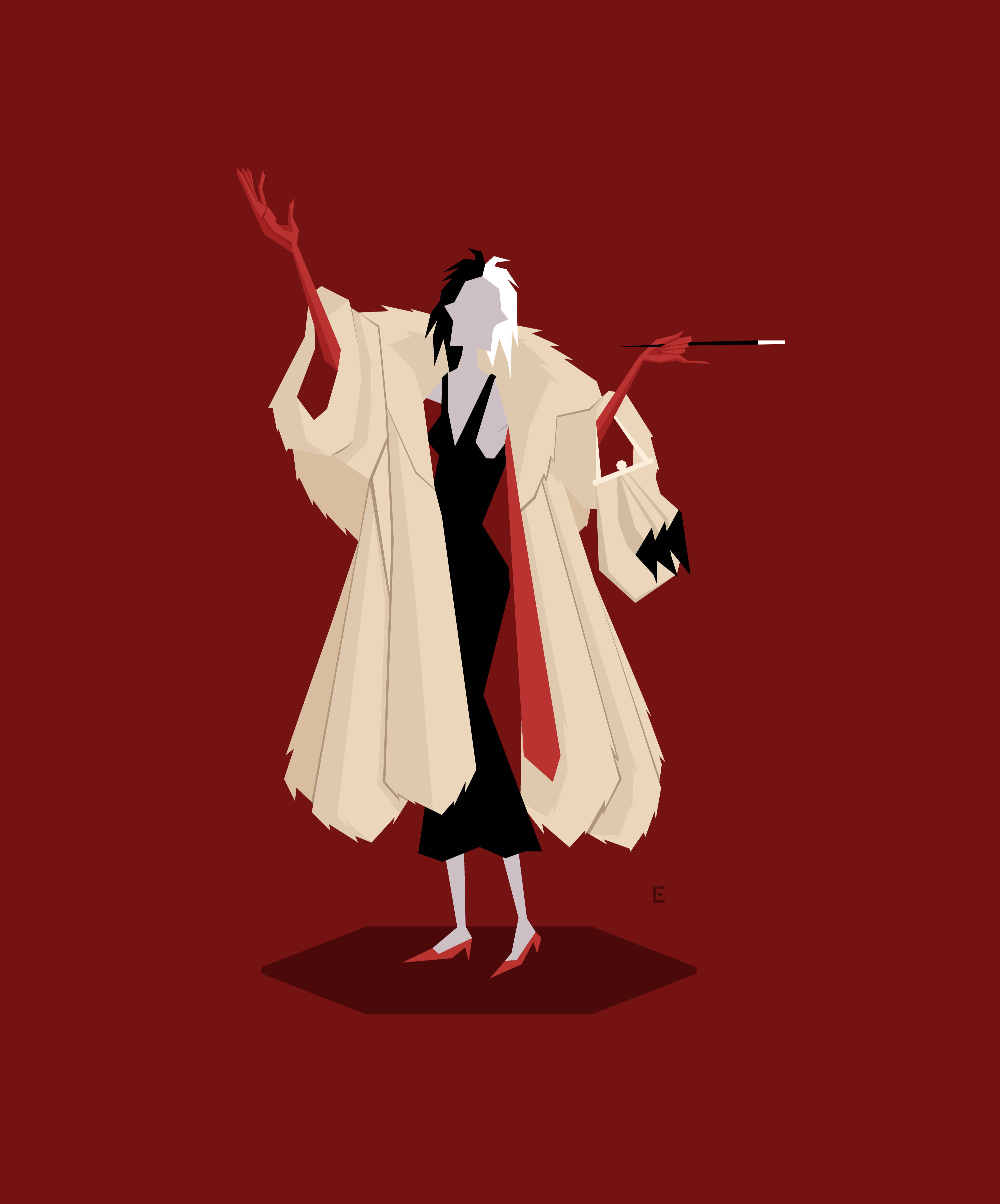 Cruella, cream coat, black dress, 2K Phone Wallpaper