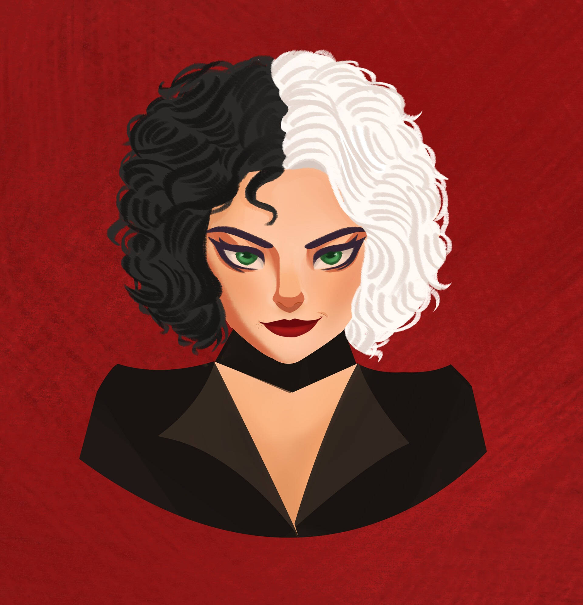 Cruella, vector art, half black and half white curly hair, Full HD Phone Wallpaper