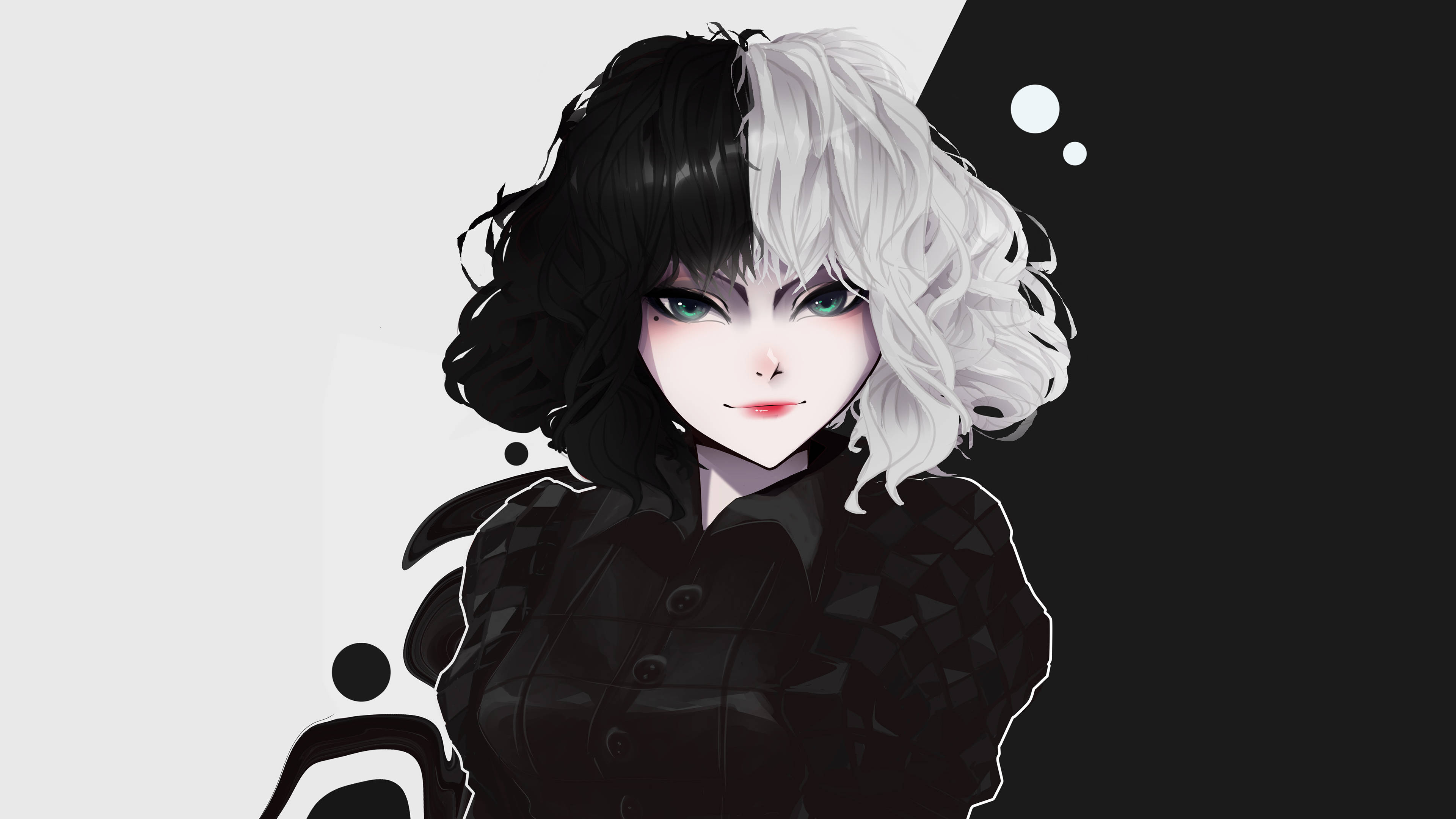 Cruella, anime girl, half black half white hair, 4K Desktop Wallpaper