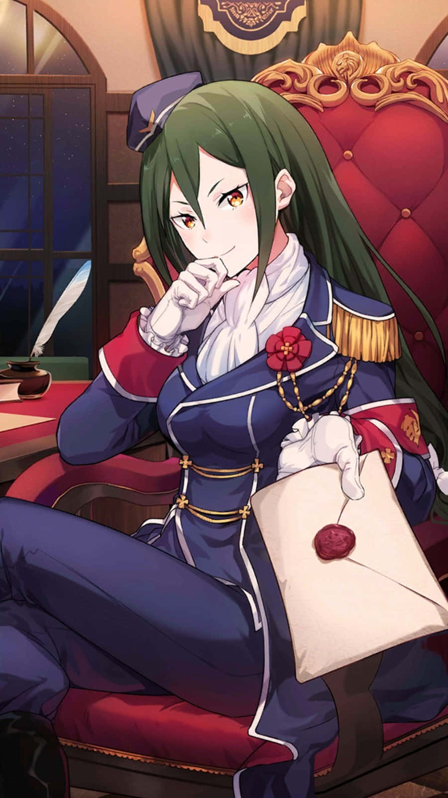 Crusch Karsten, green-haired anime girl, blue military uniform, HD Phone Wallpaper