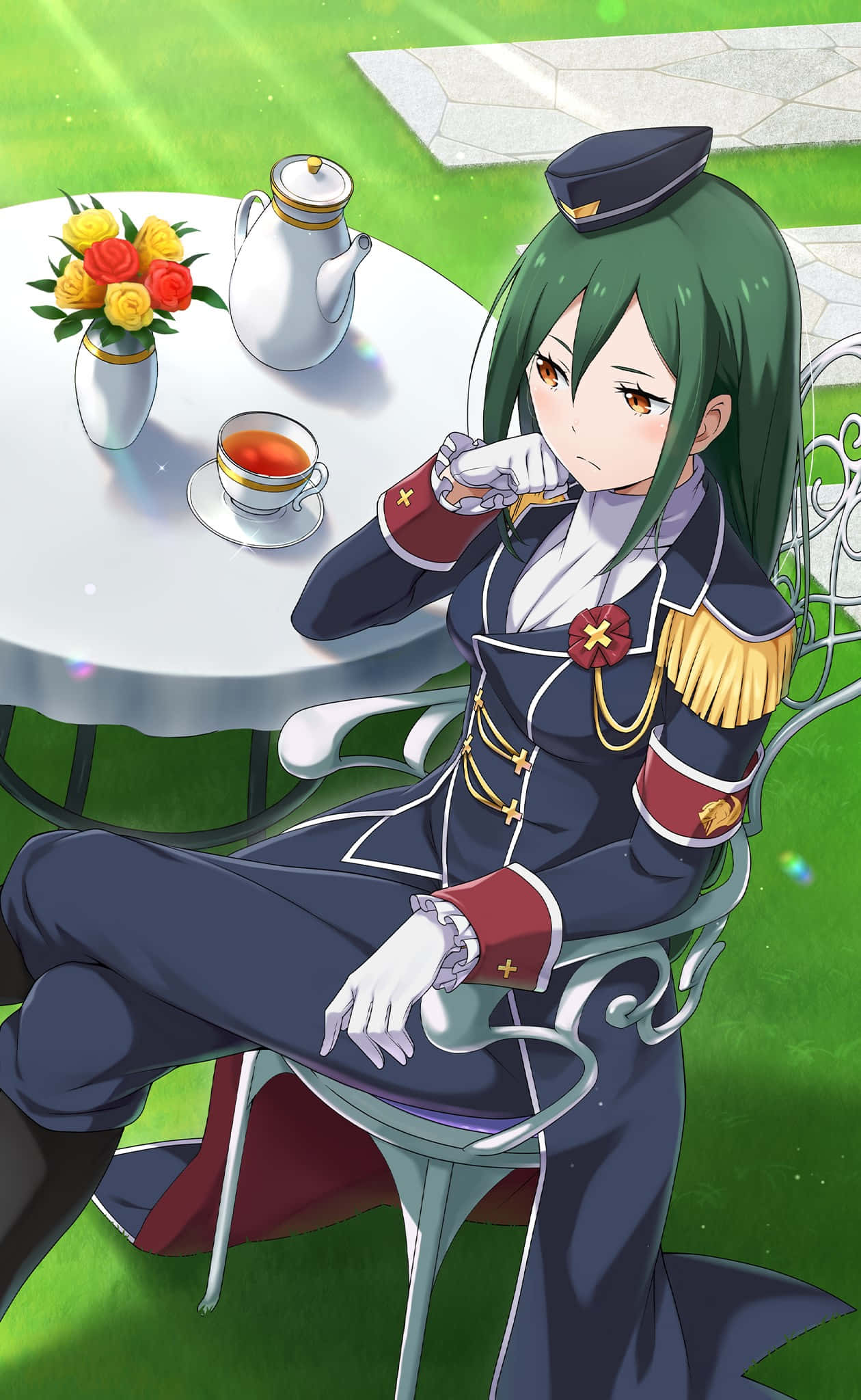 Crusch Karsten, green-haired anime girl, navy uniform, Full HD Phone Wallpaper