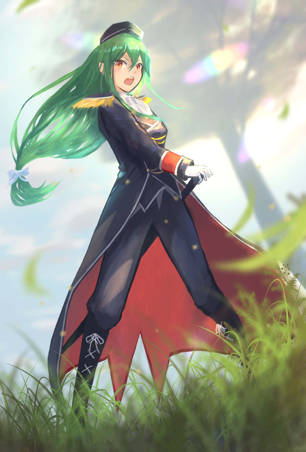 Crusch Karsten, green hair, red cape, HD Phone Wallpaper