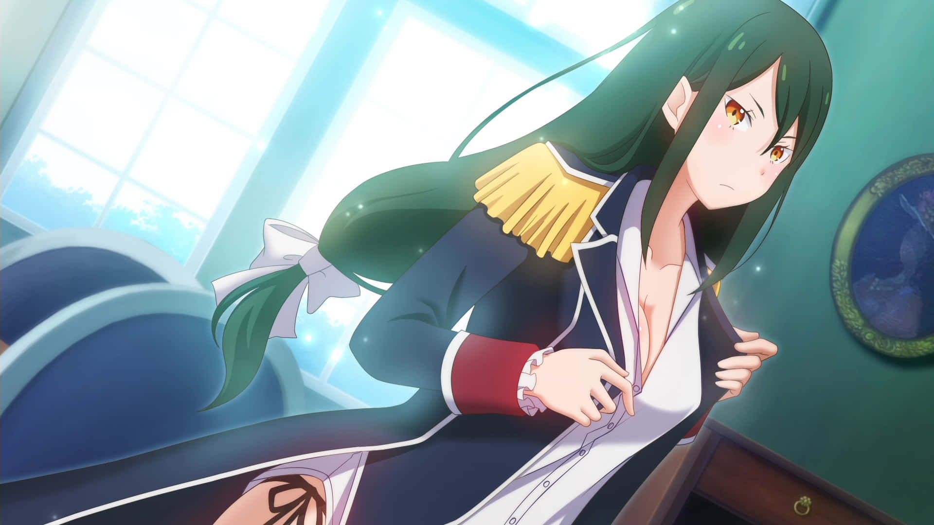 Crusch Karsten, green-haired anime girl, school uniform, Full HD Desktop Wallpaper