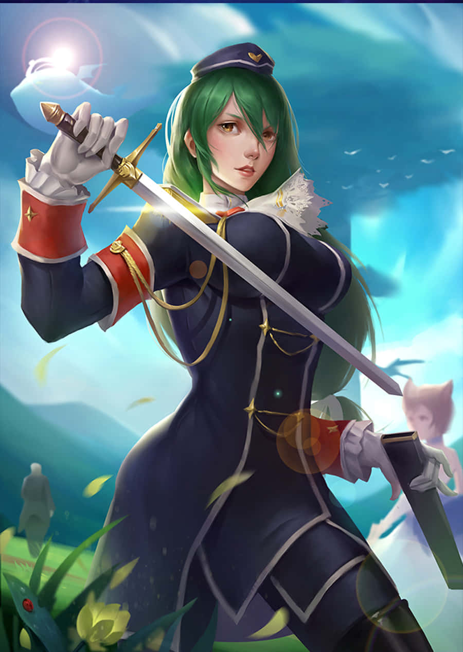 Crusch Karsten, green-haired anime warrior, dark uniform, SD Phone Wallpaper