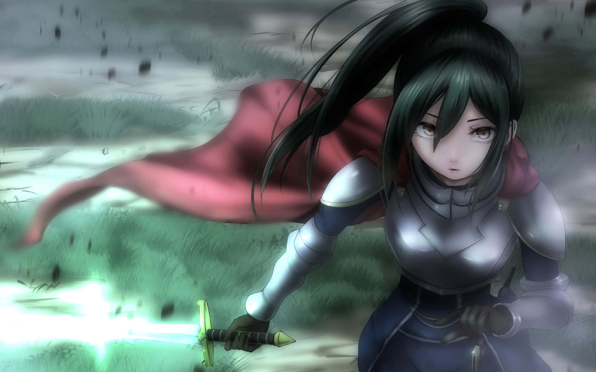 Crusch Karsten, silver armor, glowing green sword, Full HD Desktop Wallpaper