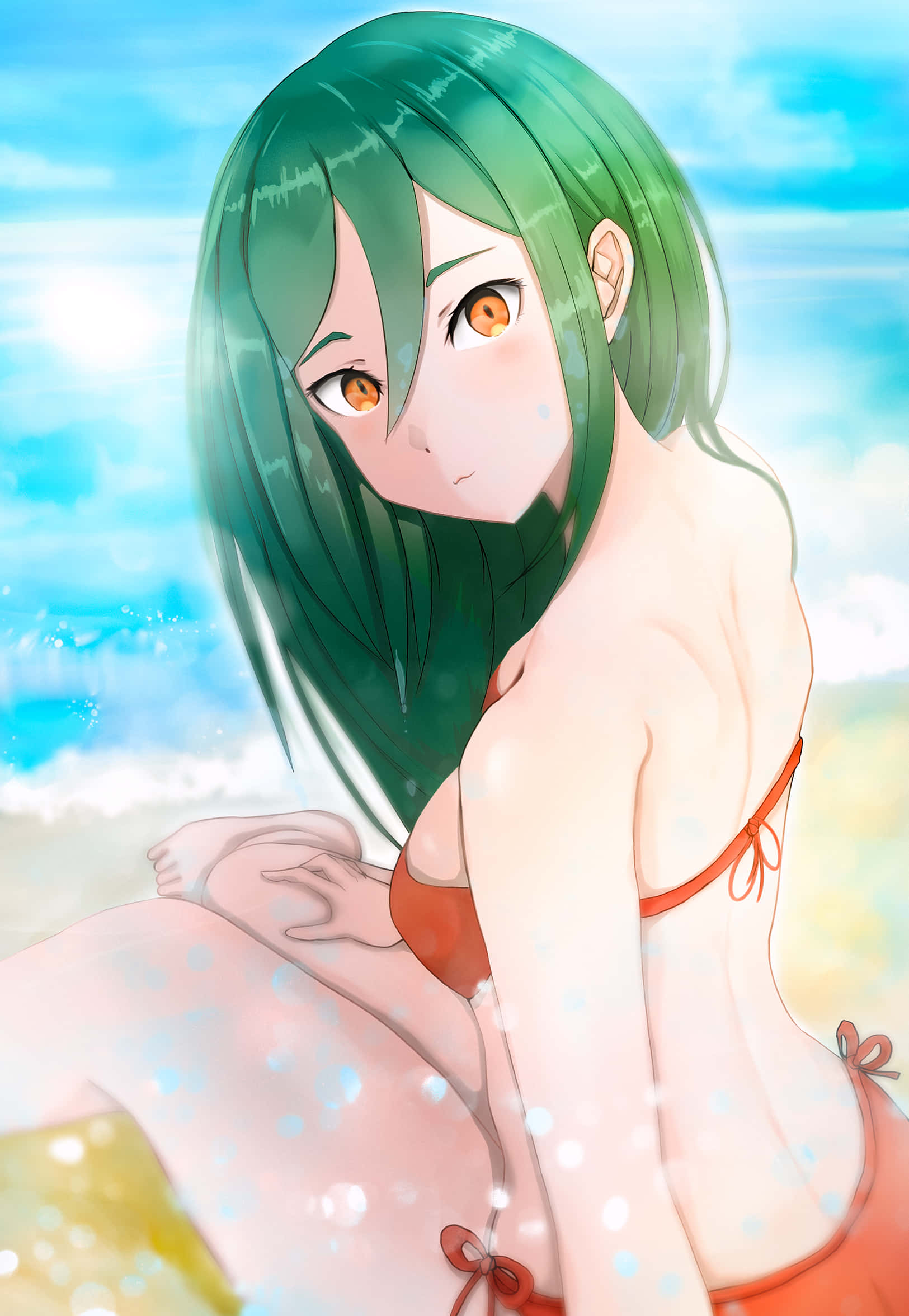 Crusch Karsten, green-haired anime girl, red bikini, Full HD Phone Wallpaper