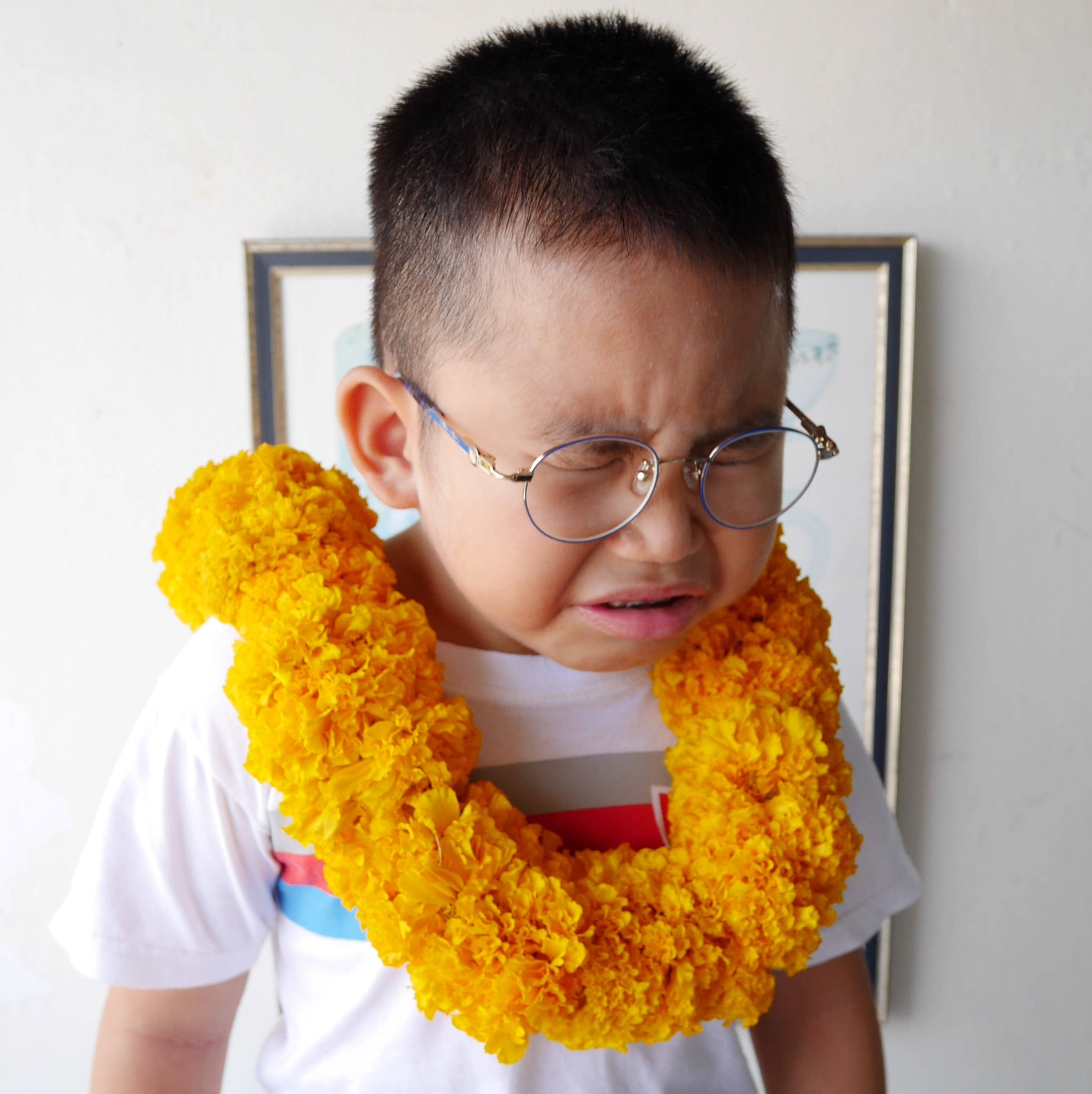 crying sad boy, bright yellow marigold garland, glasses, 2K Phone Wallpaper