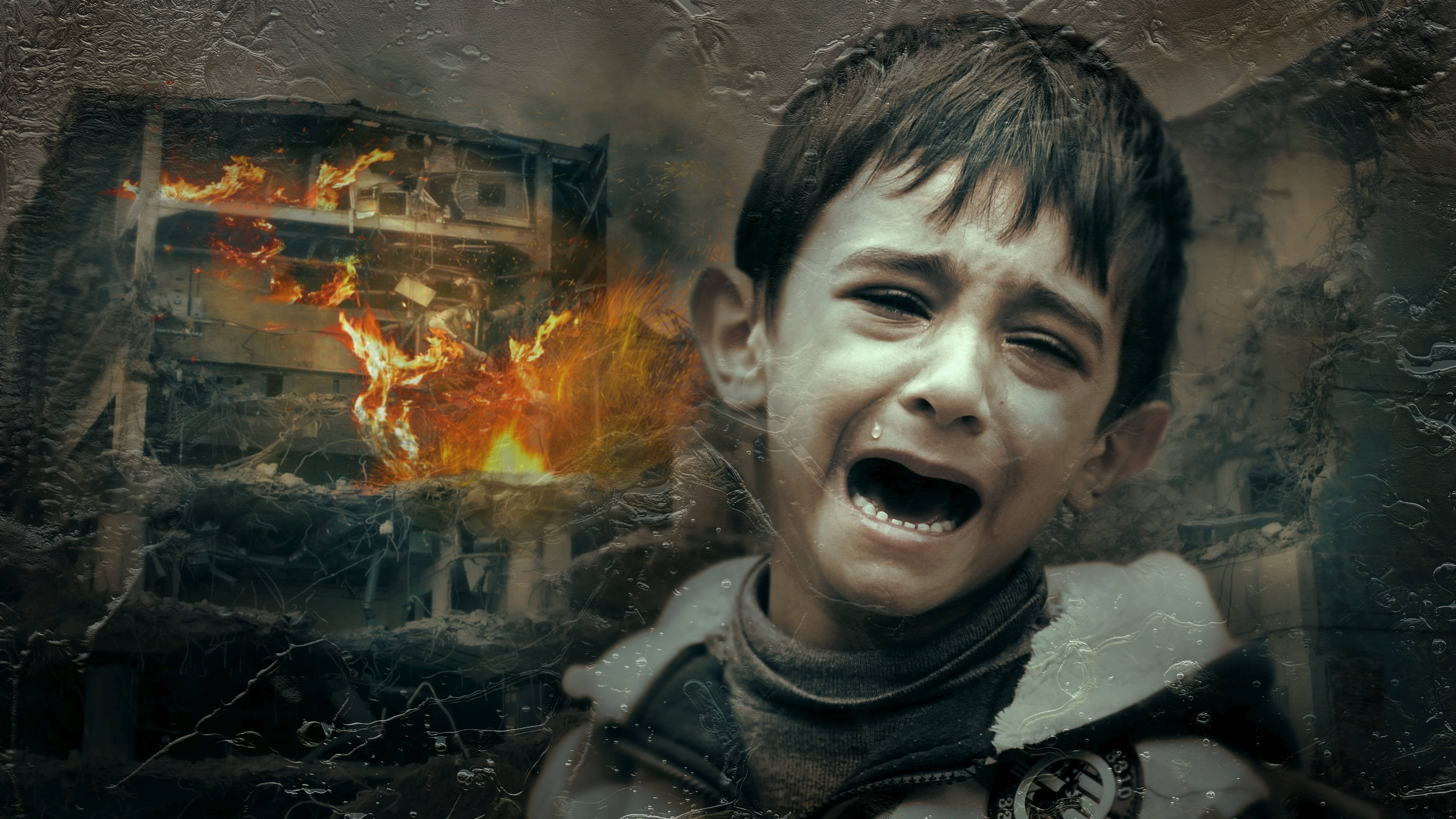 Crying Sad Boy, burning building, cracked glass window, 4K Desktop Wallpaper
