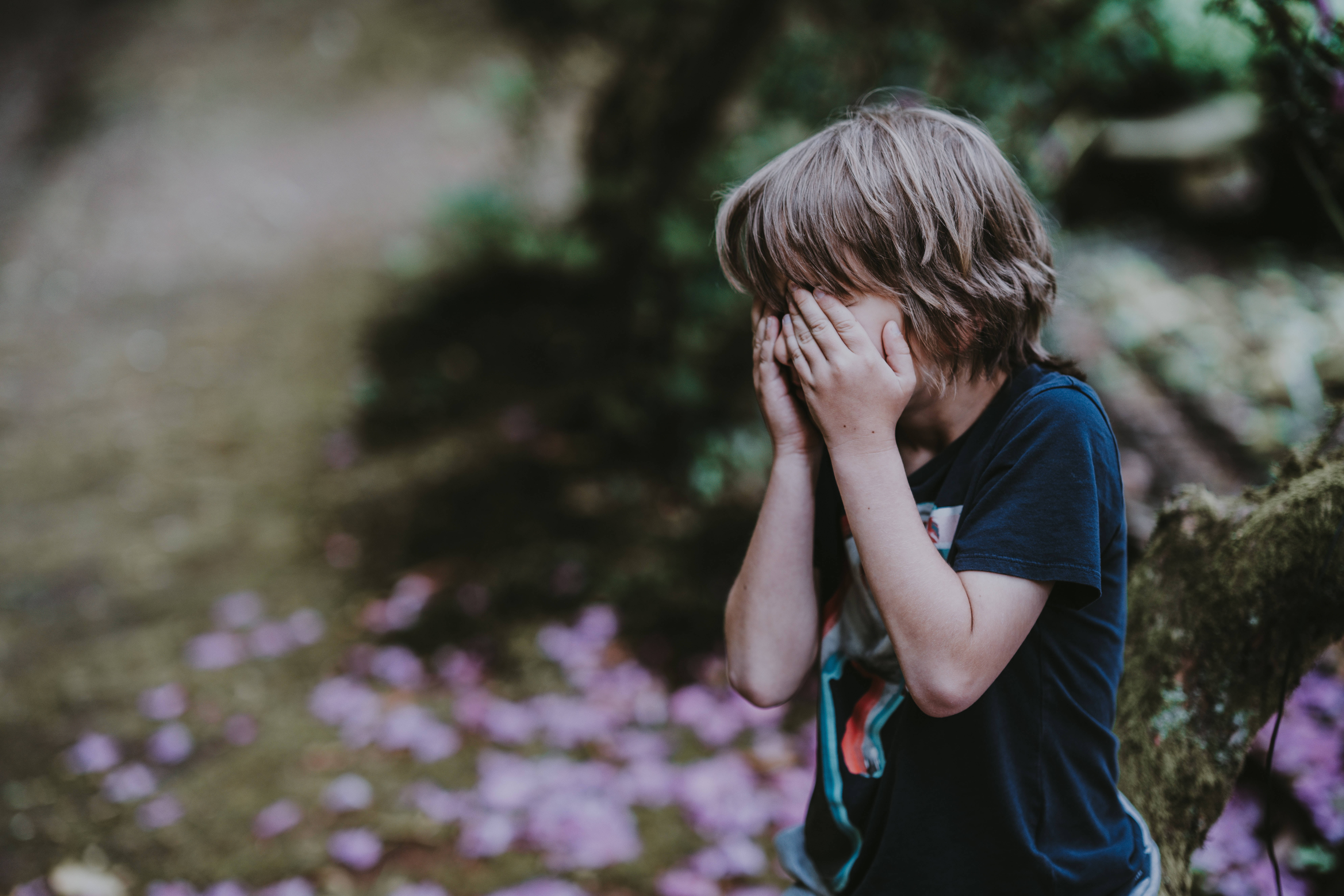 crying sad boy, garden, forest floor, 8K Desktop Wallpaper