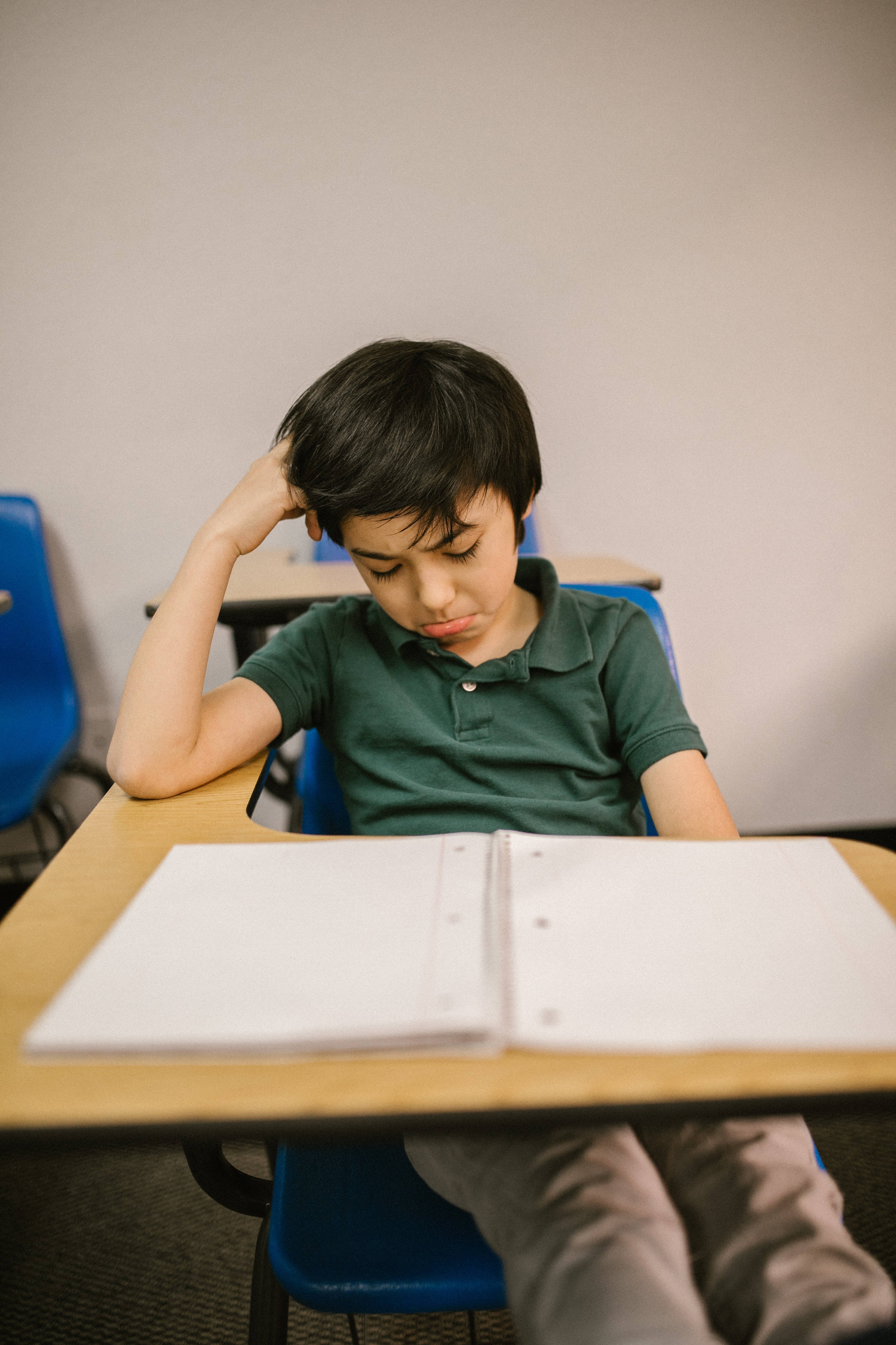 crying sad boy, school desk, open notebook, 4K Phone Wallpaper