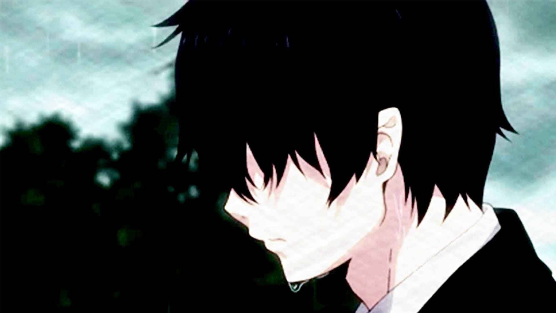 sad anime boy, black hair, tear on his cheek, Full HD Desktop Wallpaper