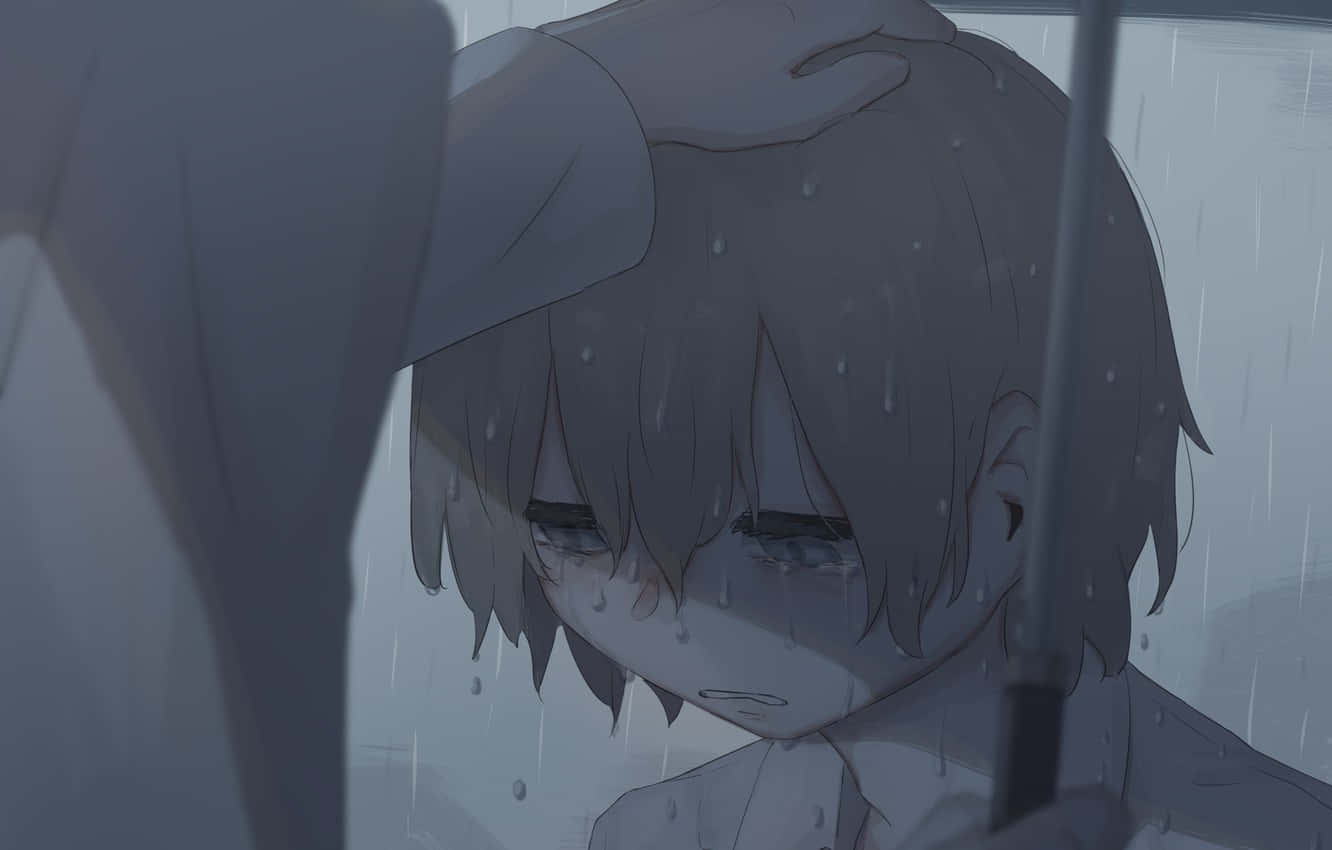 crying sad boy, umbrella, rain-soaked umbrella, HD Desktop Wallpaper