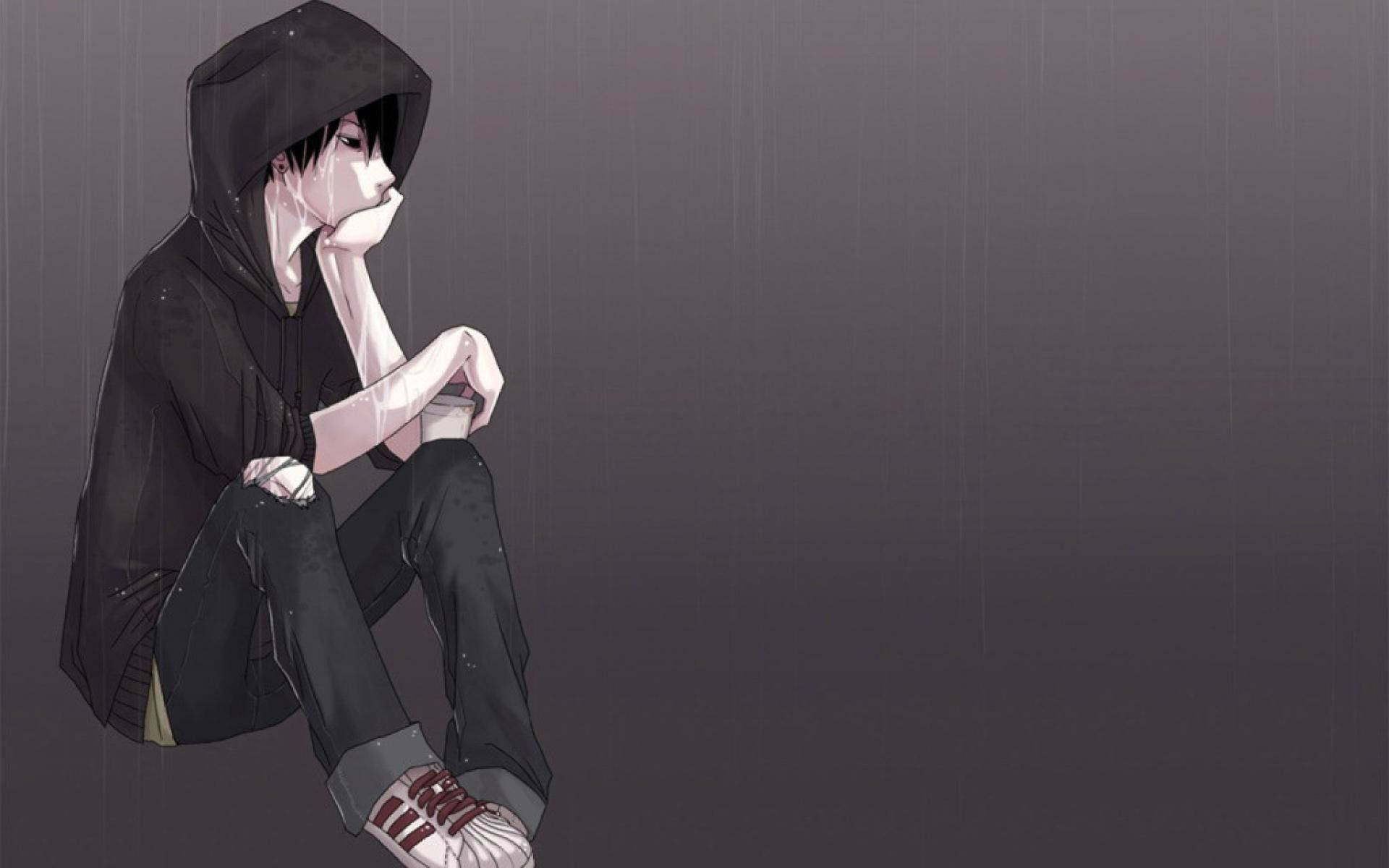 anime boy, black hoodie, gray rain, Full HD Desktop Wallpaper