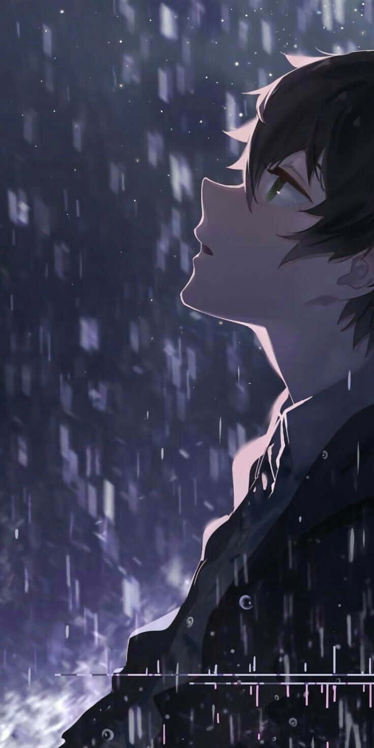 anime boy, rain, starry night sky, HD Phone Wallpaper