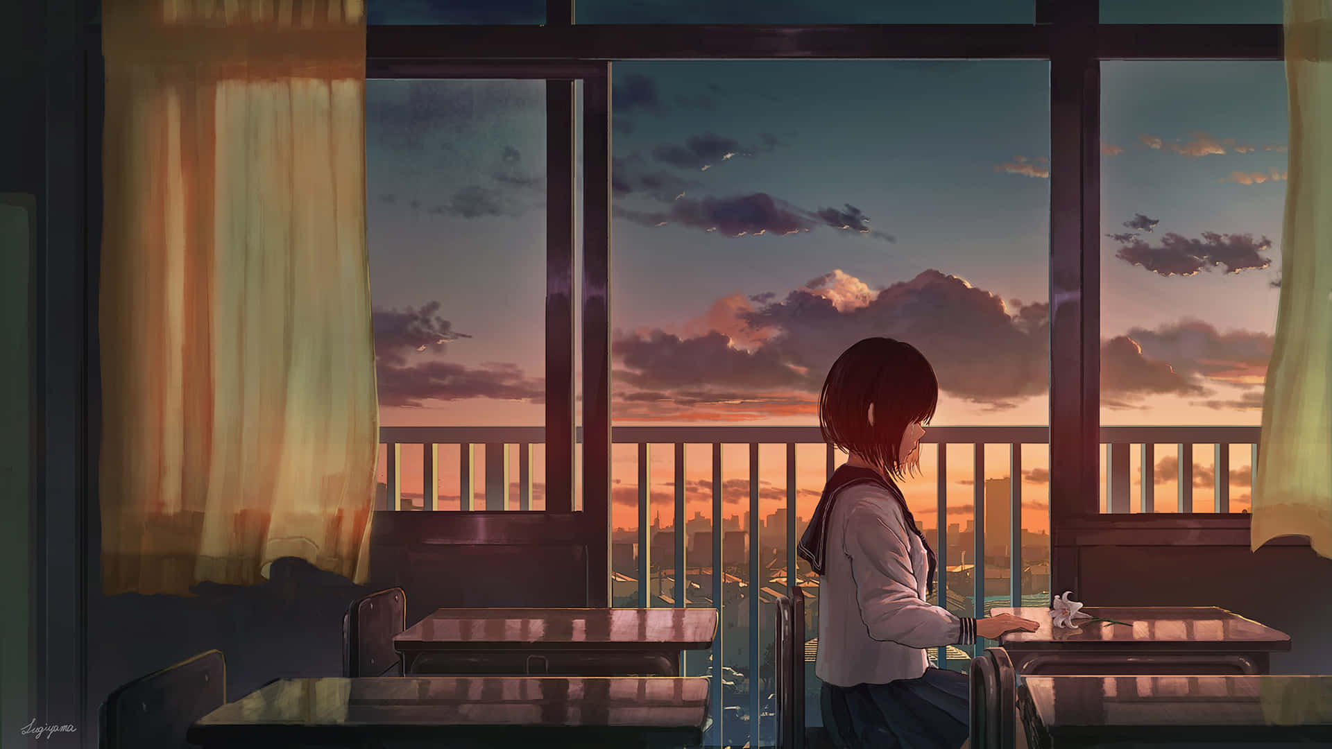 anime girl, school uniform, desk, Full HD Desktop Wallpaper