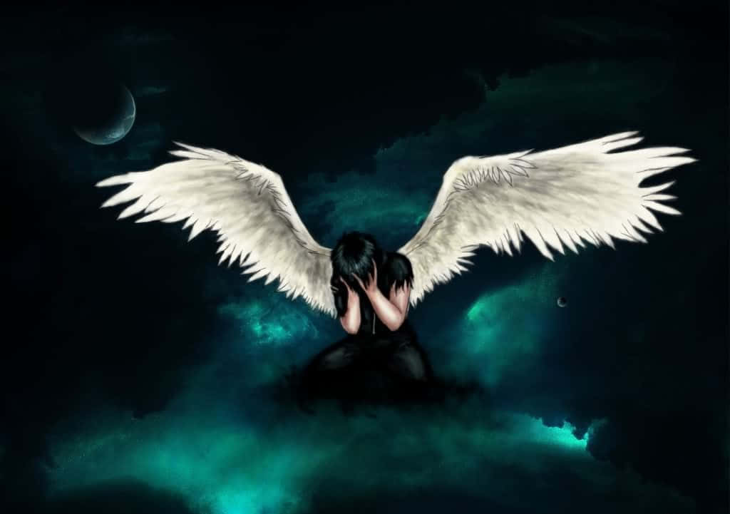white wings, glowing teal cloud, crescent moon, SD Desktop Wallpaper