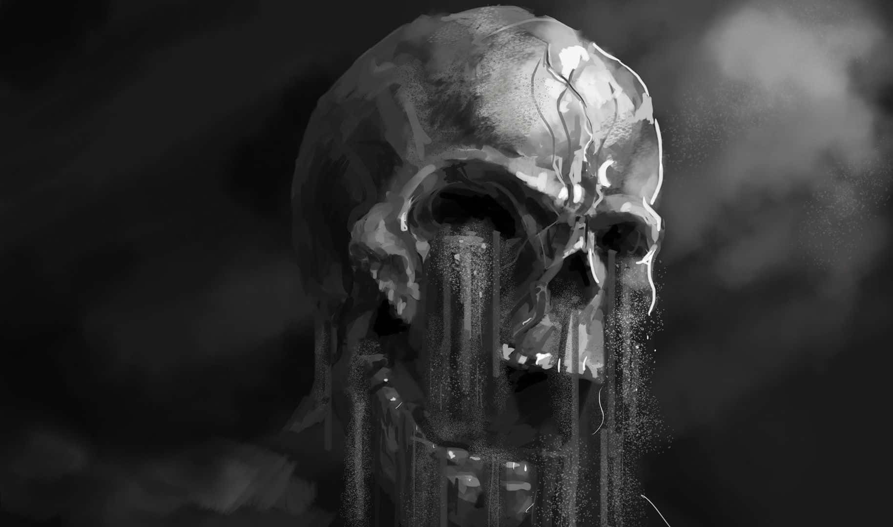black and white skull, melting textures, dark smoke, HD Desktop Wallpaper
