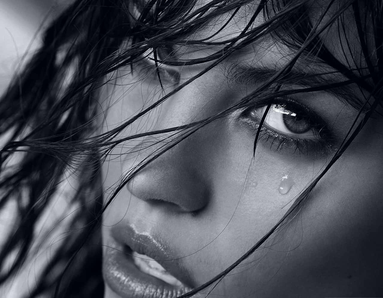 crying woman, black and white, close-up, HD Desktop Wallpaper
