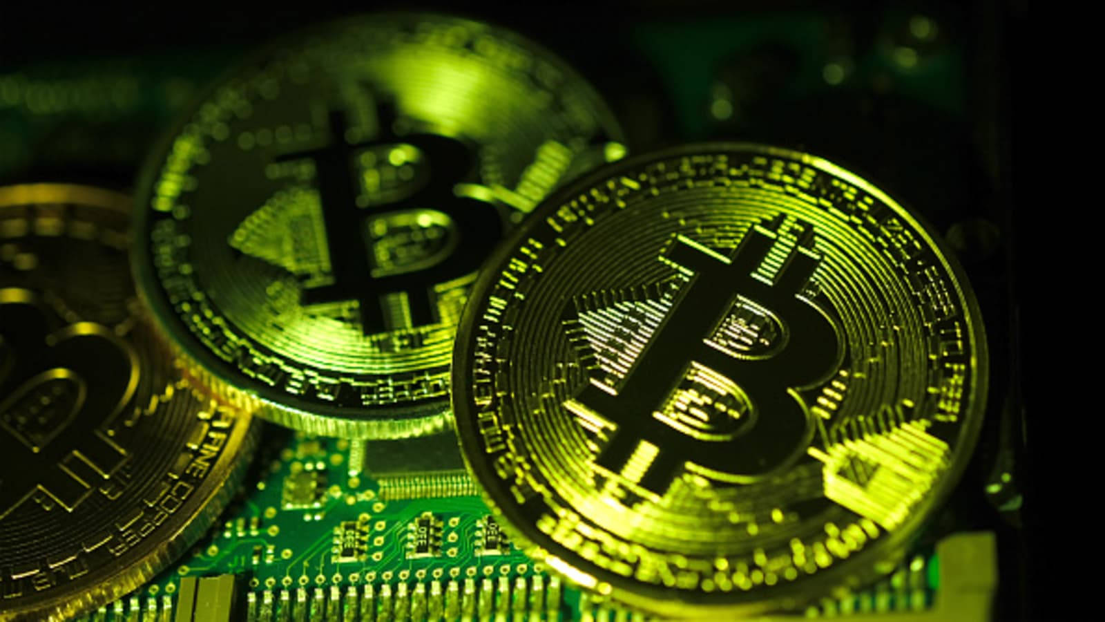 golden bitcoin coins, neon green light, detailed circuit board, HD Desktop Wallpaper