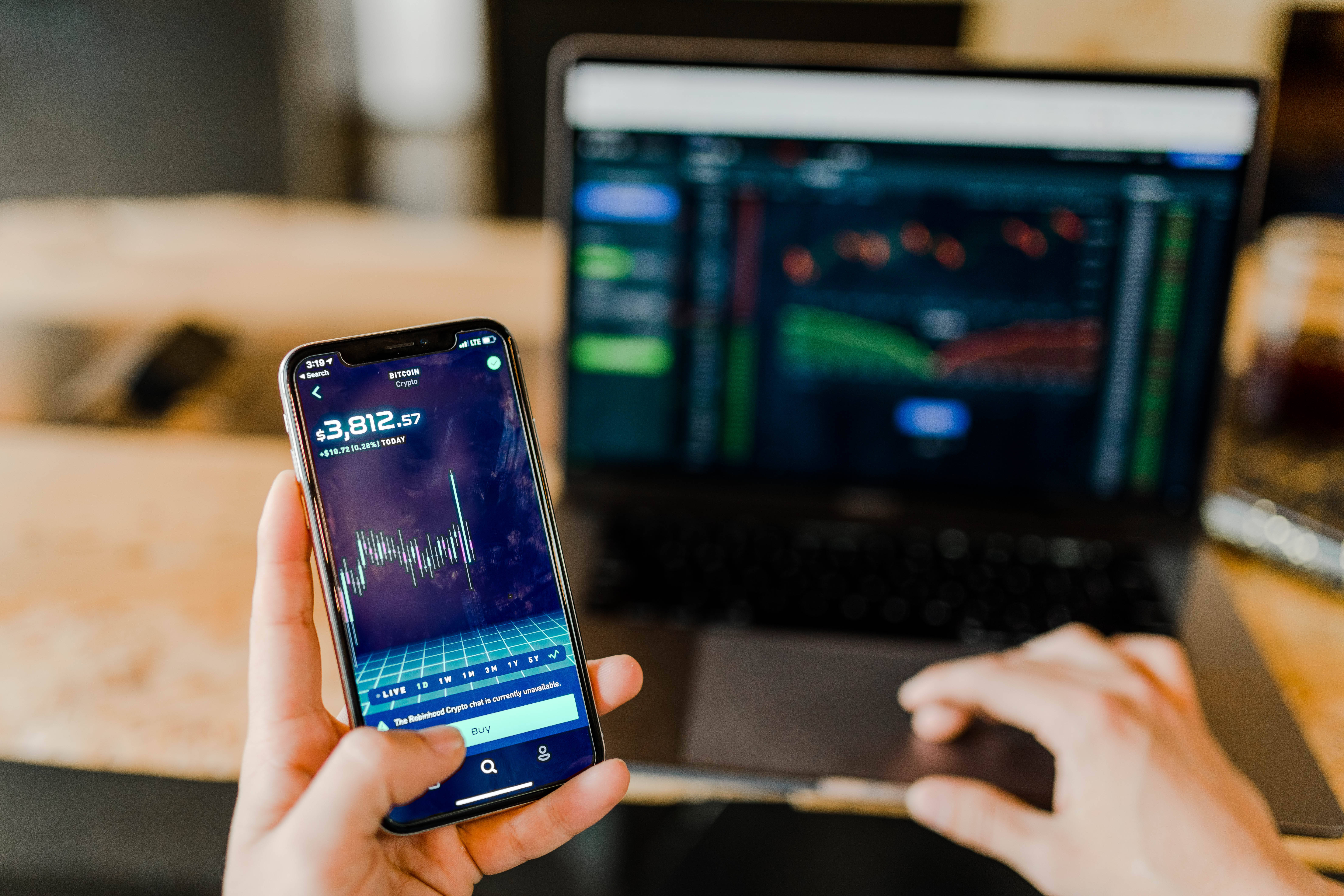 cryptocurrency trading app, laptop, financial charts, 5K Desktop Wallpaper