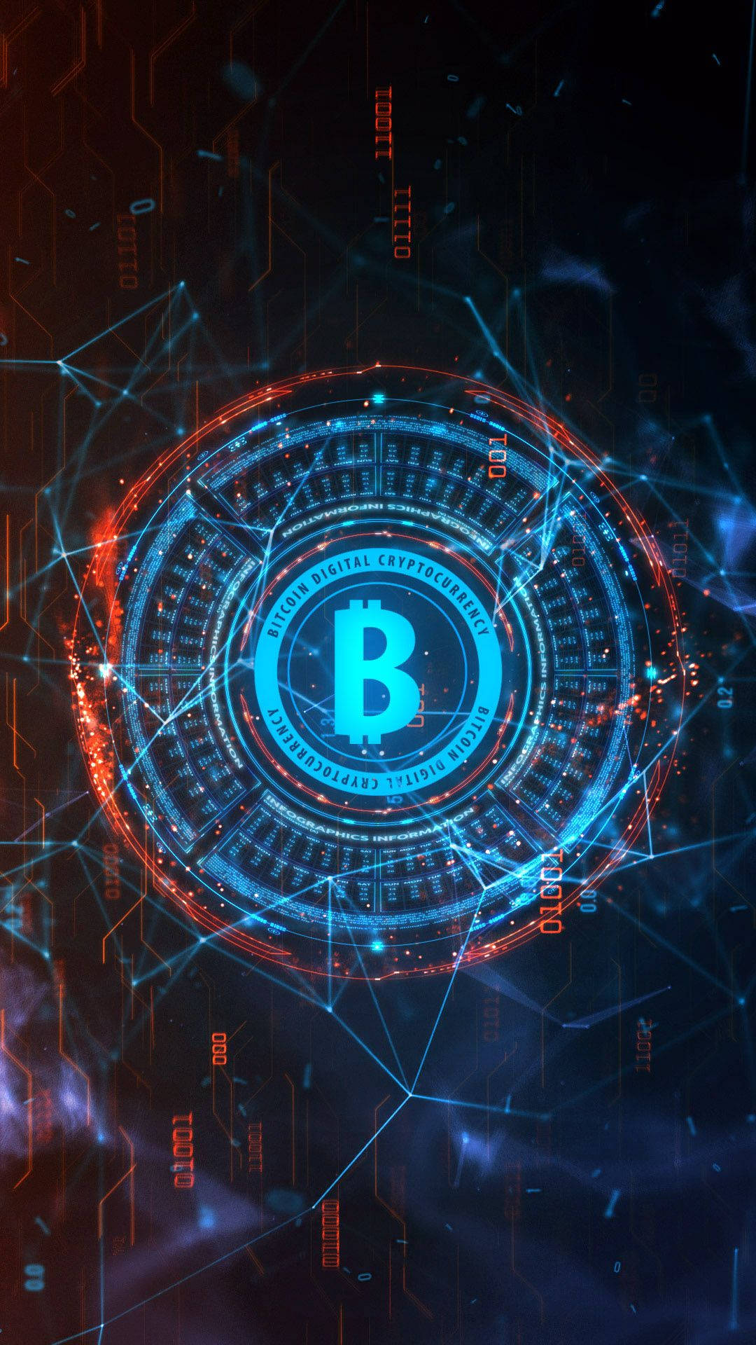 glowing blue Bitcoin symbol, futuristic digital interface, glowing orange and blue circuit lines, Full HD Phone Wallpaper