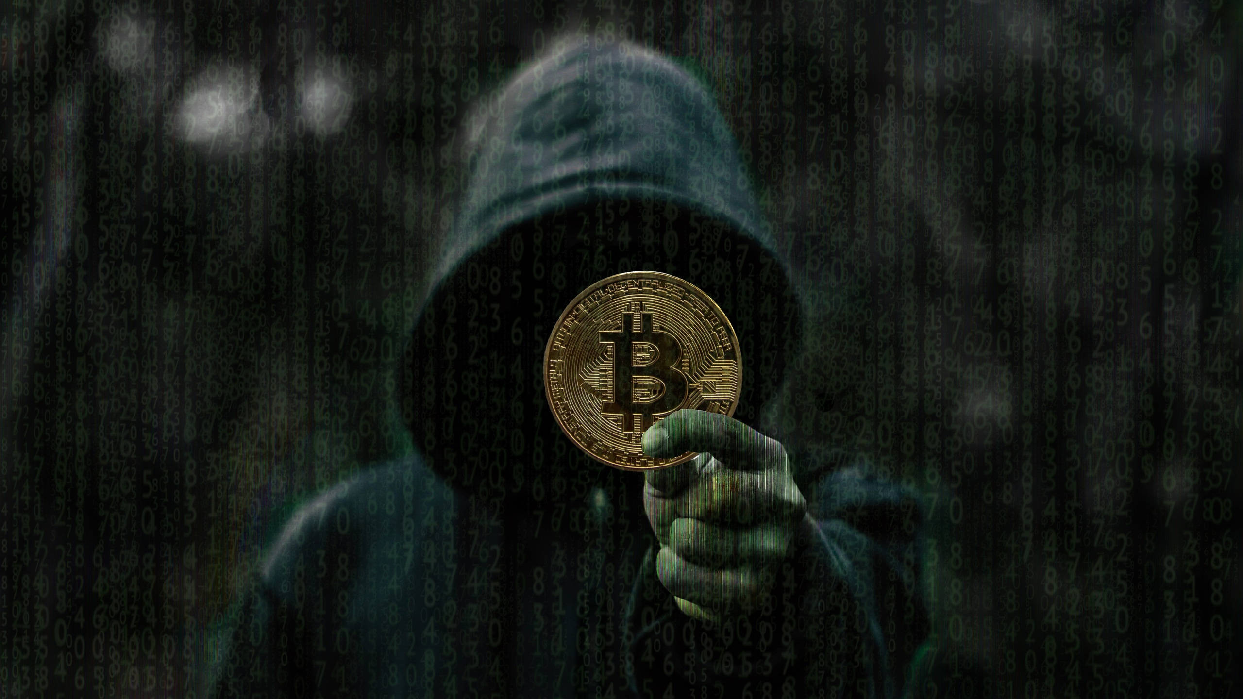 hooded figure, dark digital rain, glowing gold Bitcoin coin, 2K Desktop Wallpaper