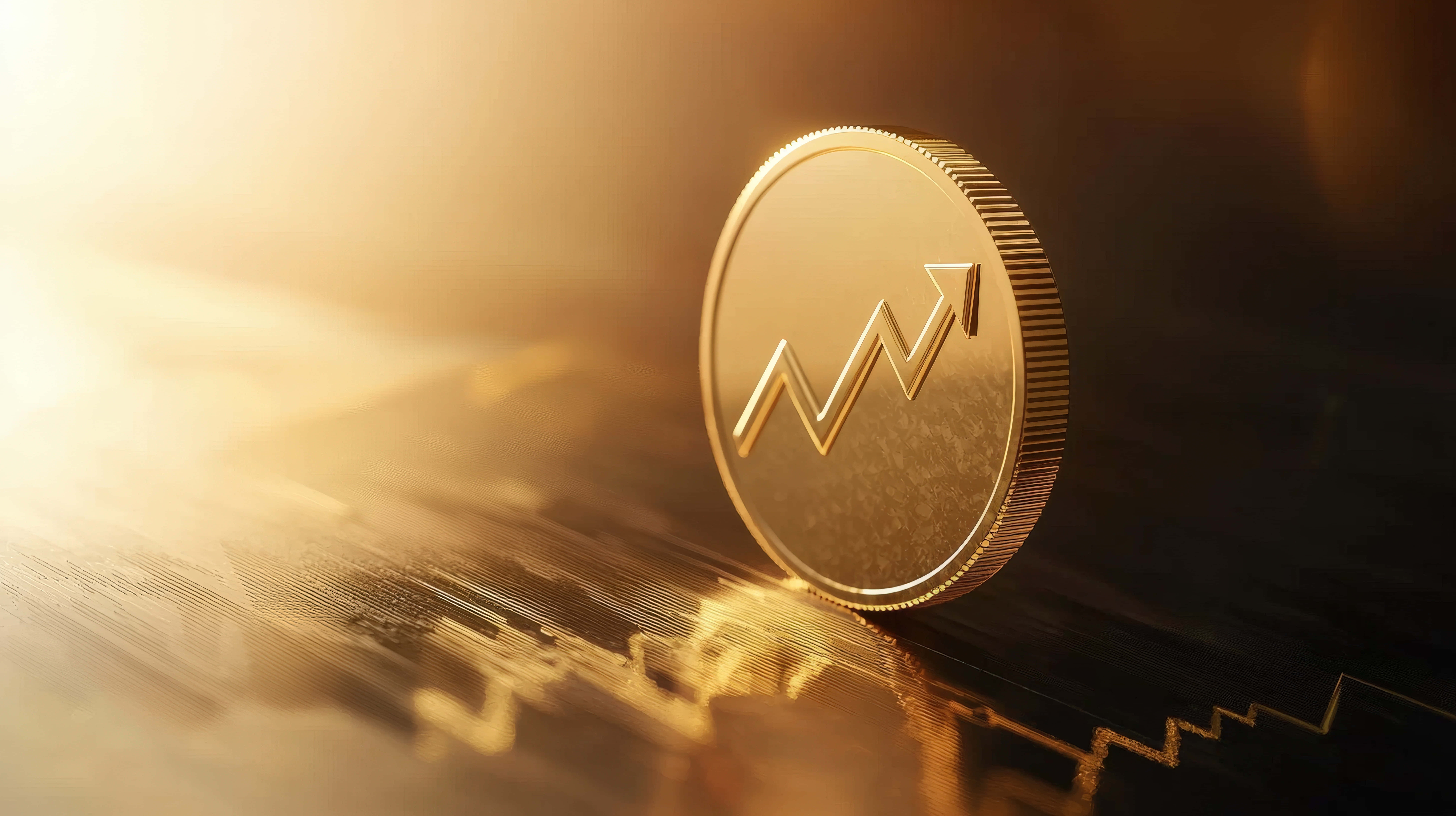 glowing gold coin, rising graph, upward arrow, 8K Desktop Wallpaper