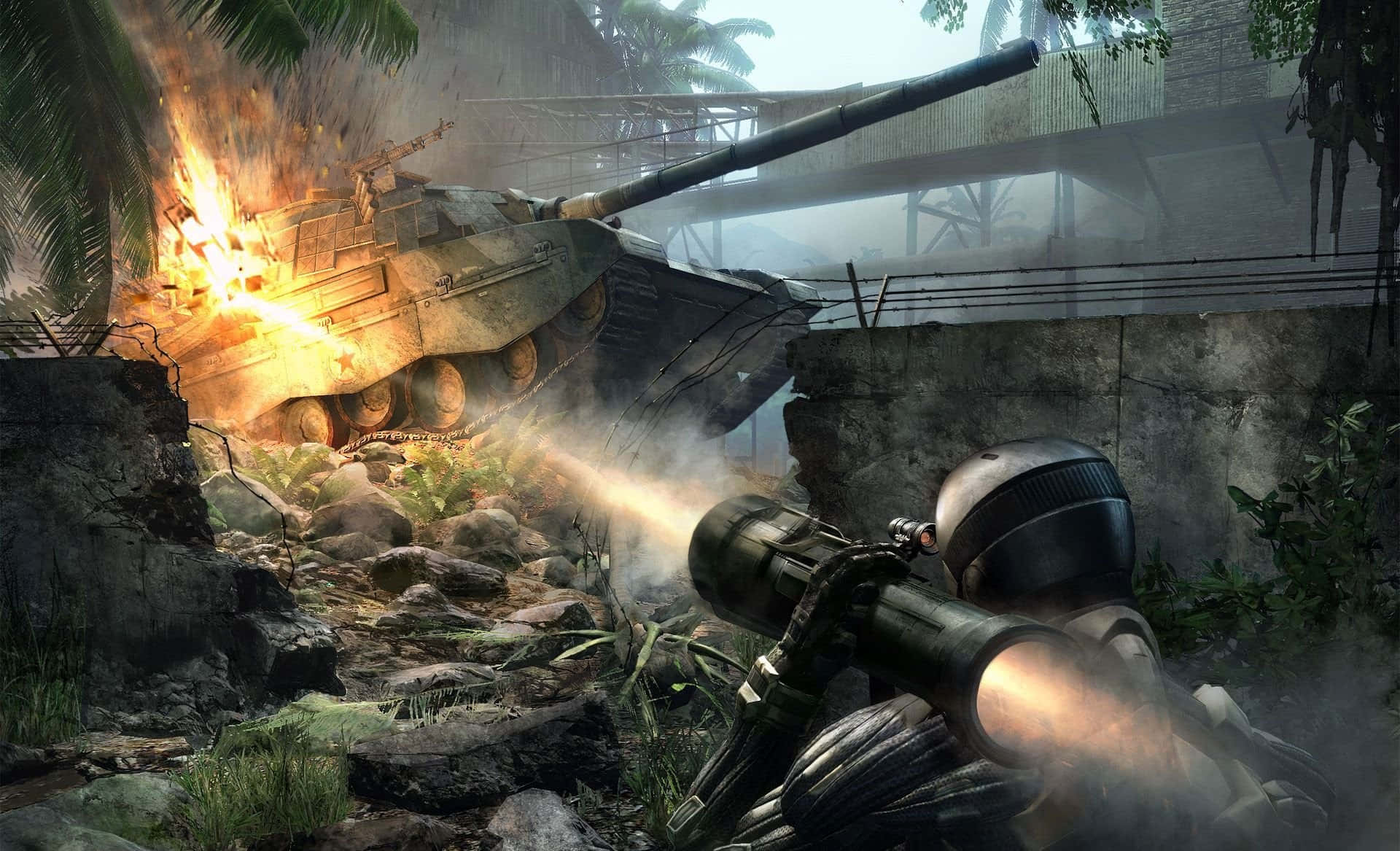 Crysis, tank explosion, jungle warfare, Full HD Desktop Wallpaper