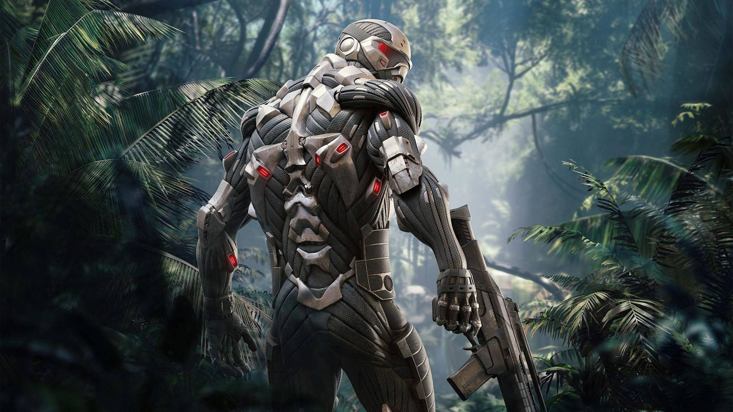 Crysis 3, forest, glowing red eyes, 2K Desktop Wallpaper