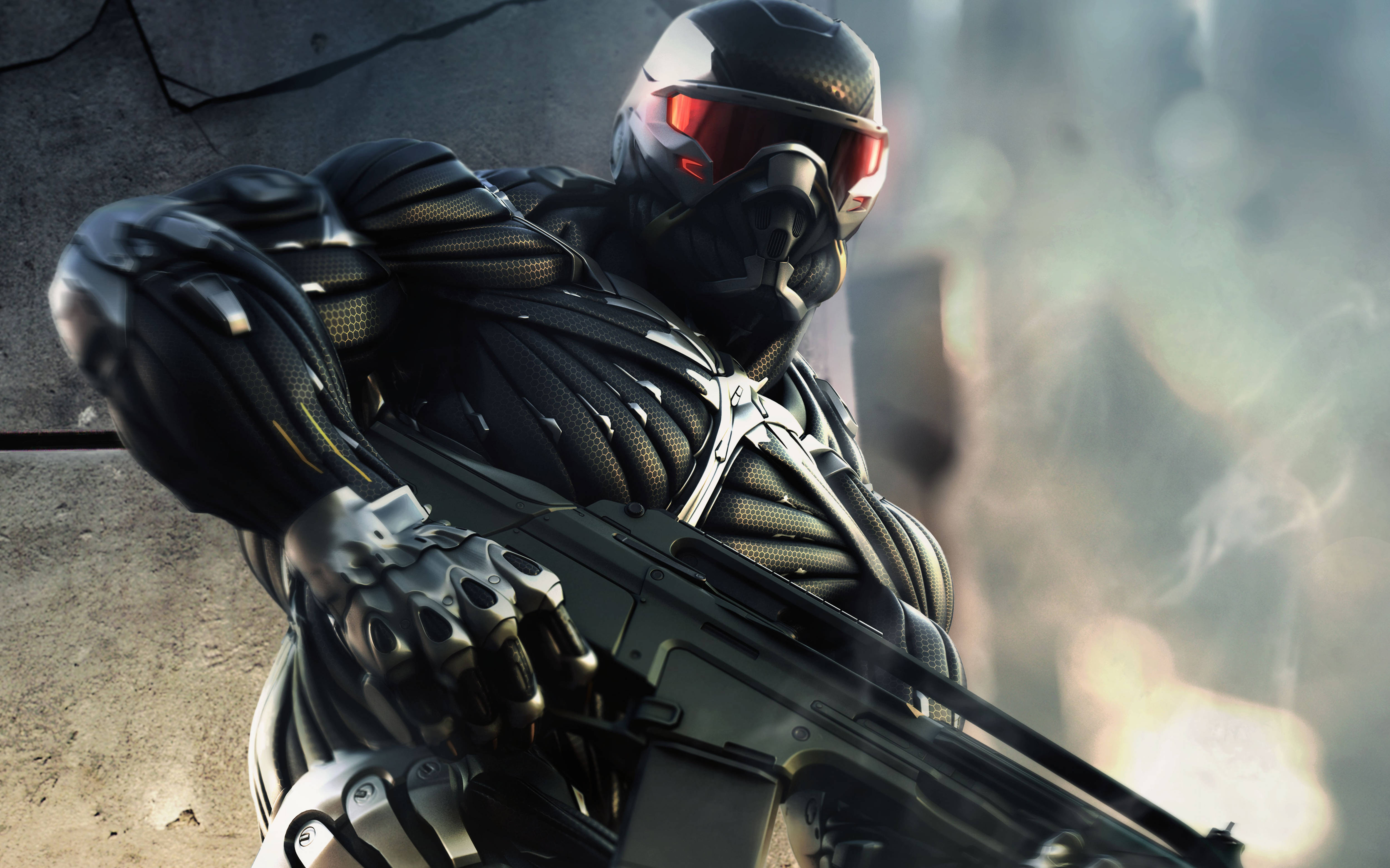 Crysis 3, black tactical gear, glowing red visor, 4K Desktop Wallpaper