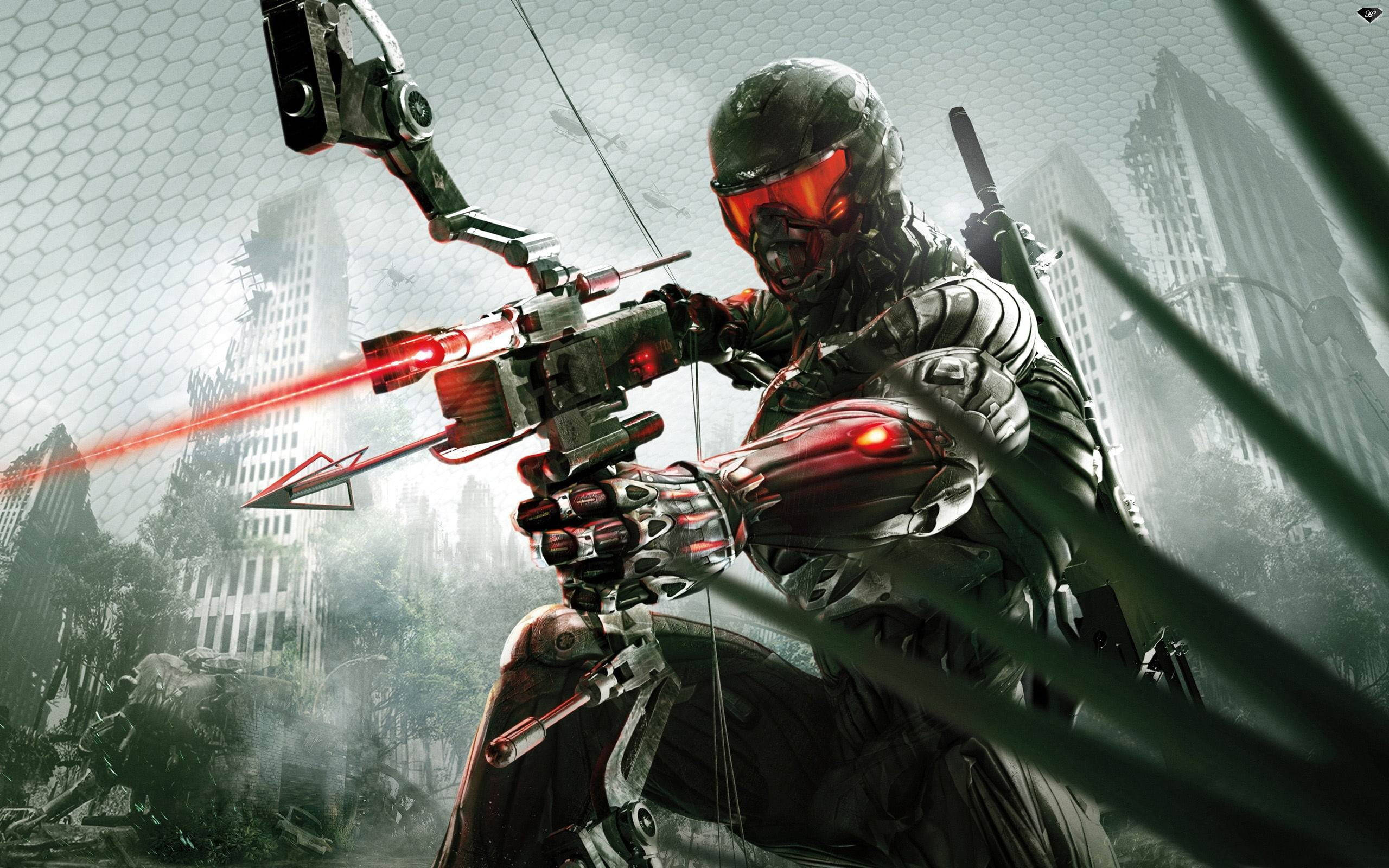 Crysis 3, red laser arrow, glowing red laser bow, 2K Desktop Wallpaper