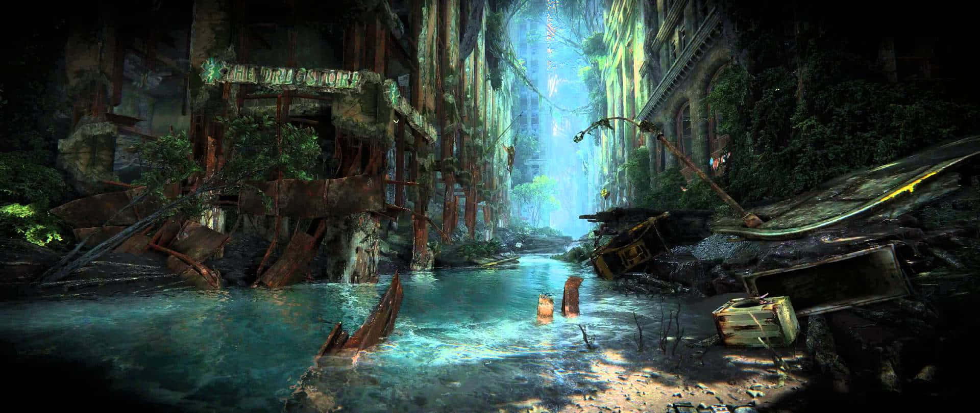 Crysis 3 City, flooded ruined city street, vines, Full HD Desktop Wallpaper