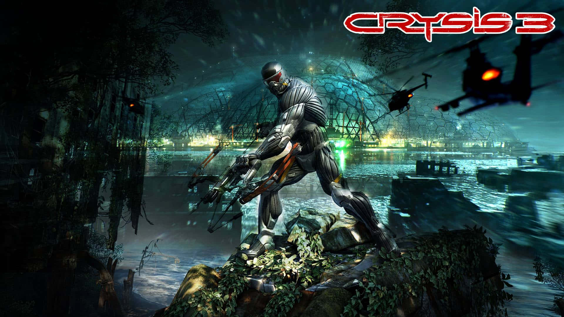 Crysis 3, futuristic armor, glowing alien city, Full HD Desktop Wallpaper