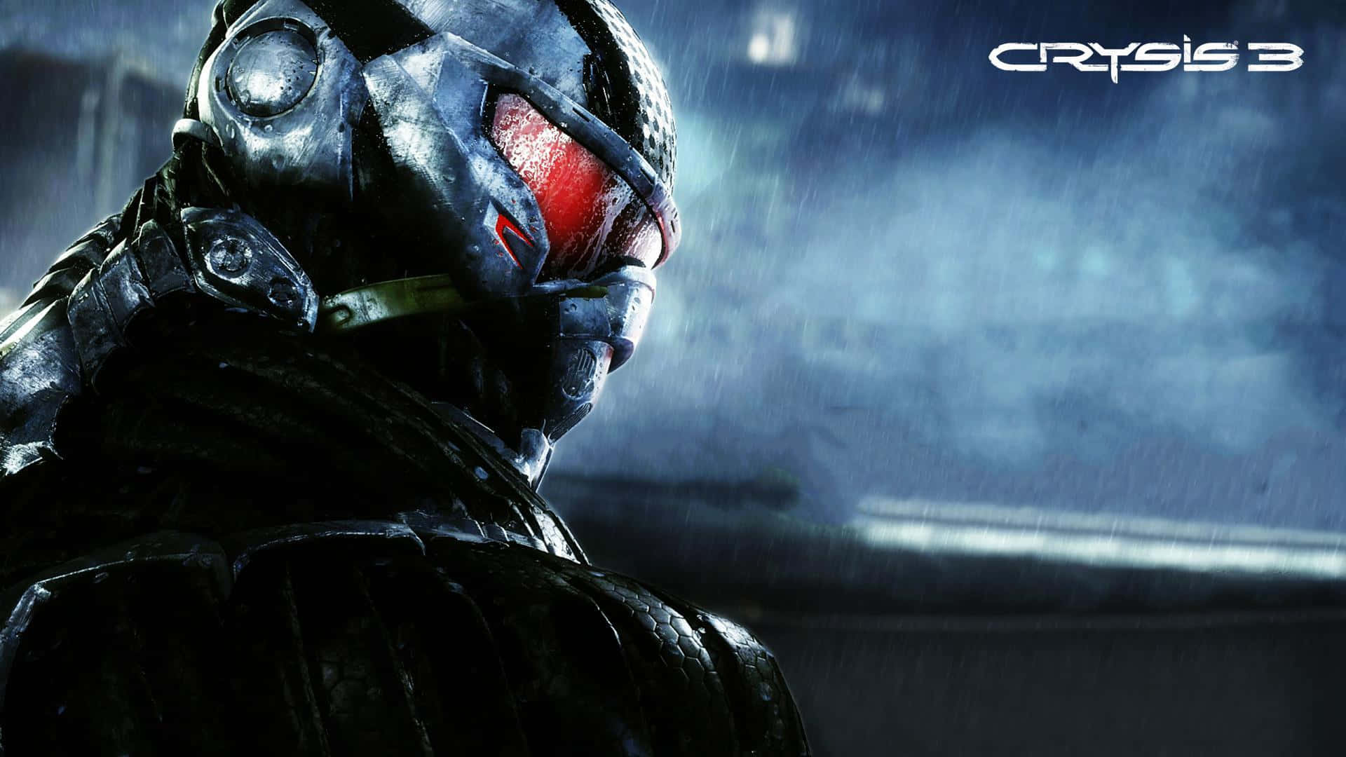 Crysis 3 City, futuristic helmet, glowing red eyes, Full HD Desktop Wallpaper