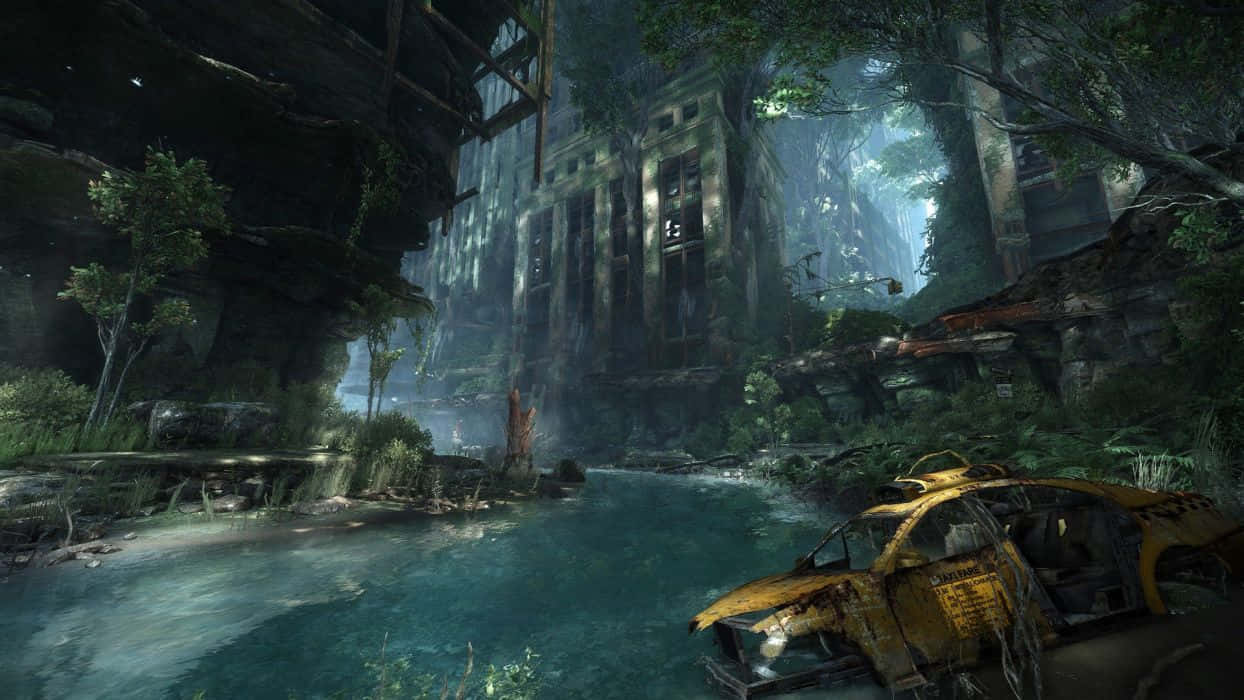Crysis 3 City, yellow wrecked taxi, turquoise river, SD Desktop Wallpaper