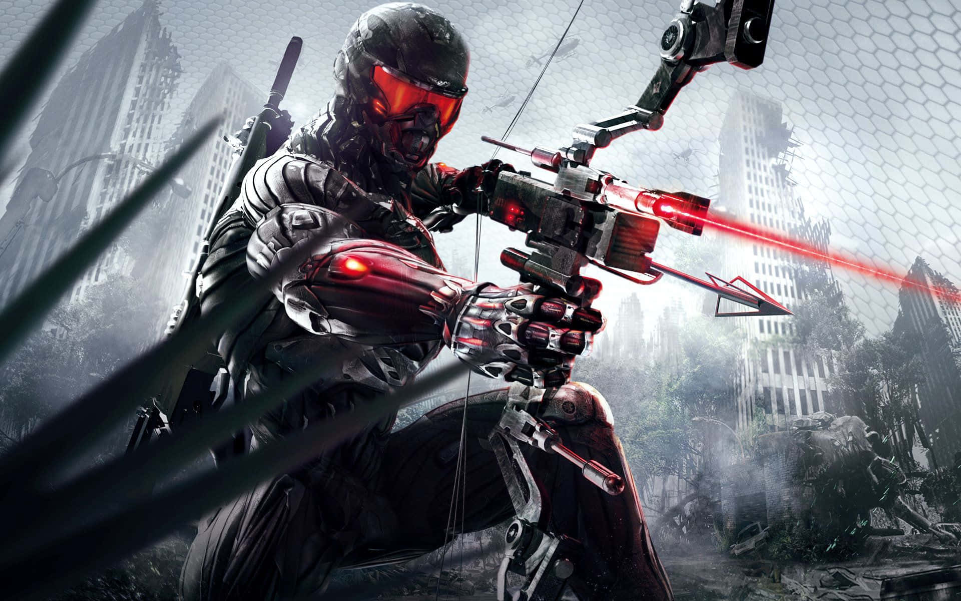 Crysis 3 City, black armor, glowing red laser bow, Full HD Desktop Wallpaper