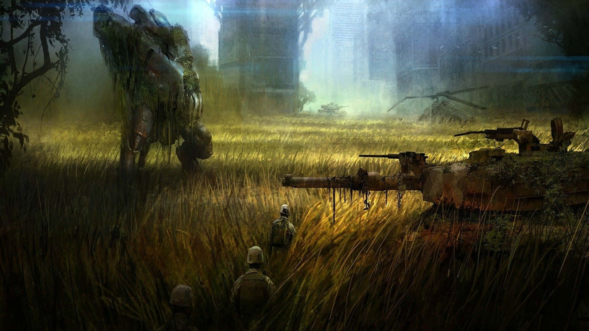 Crysis 3 City, golden grass, abandoned tanks, Full HD Desktop Wallpaper